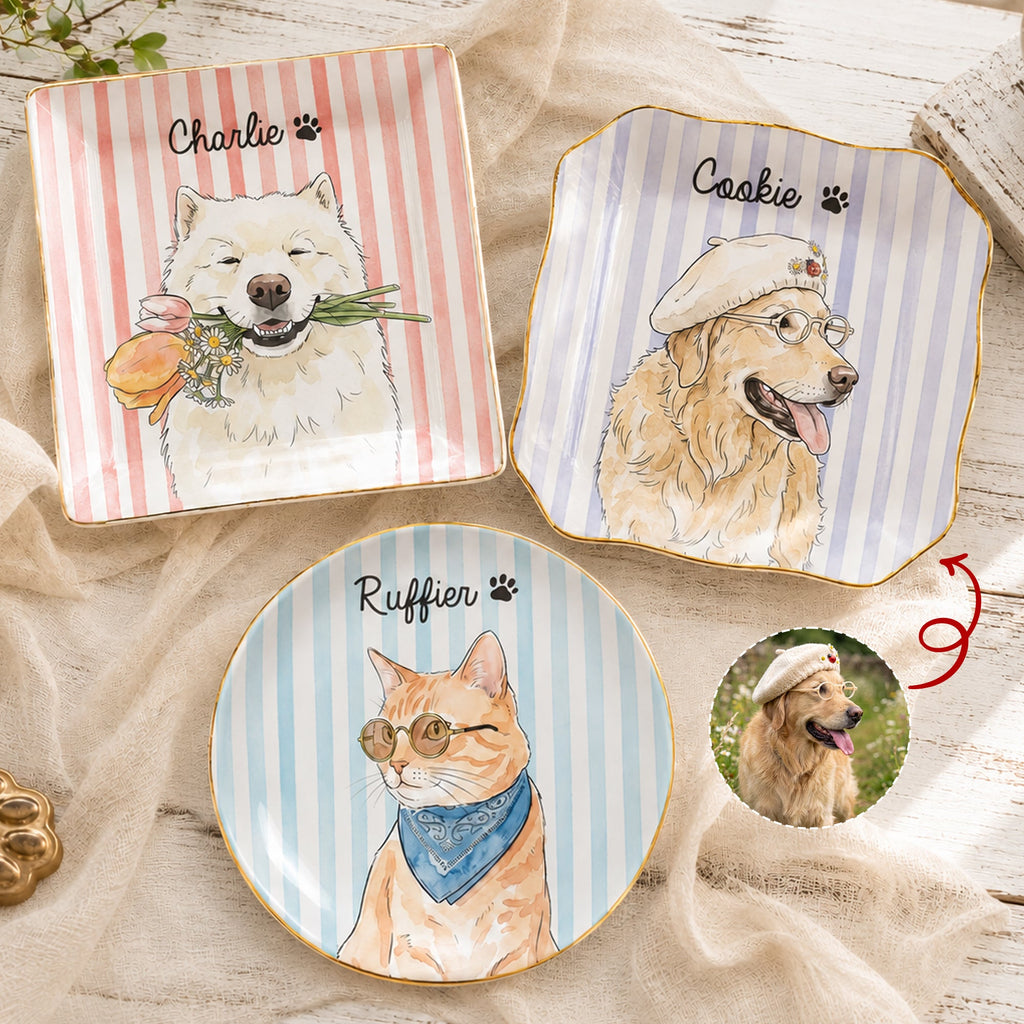 Custom Striped Pet Ring Dish Watercolor Art - Personalized Jewelry Dish