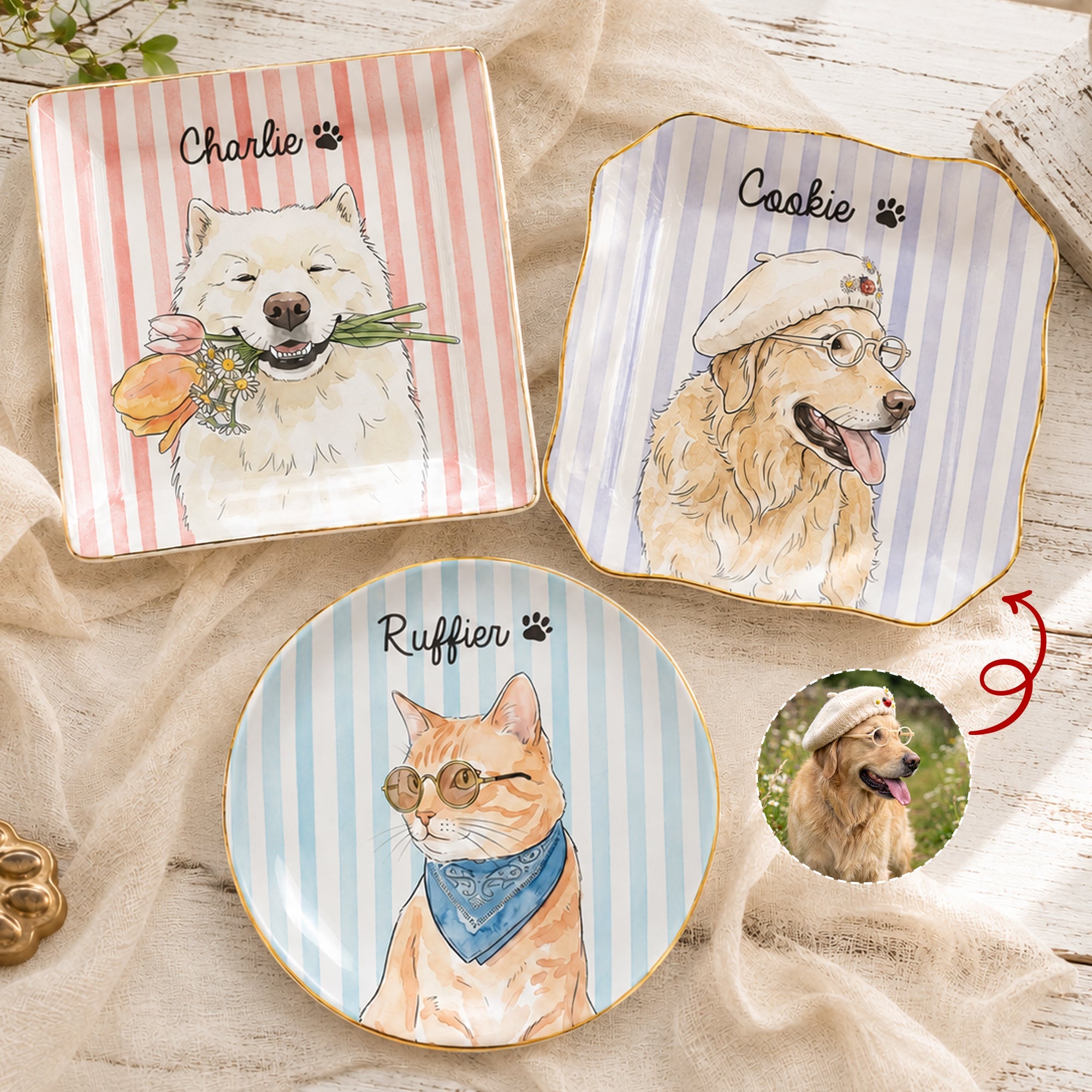 Custom Striped Pet Ring Dish Watercolor Art - Personalized Jewelry Dish