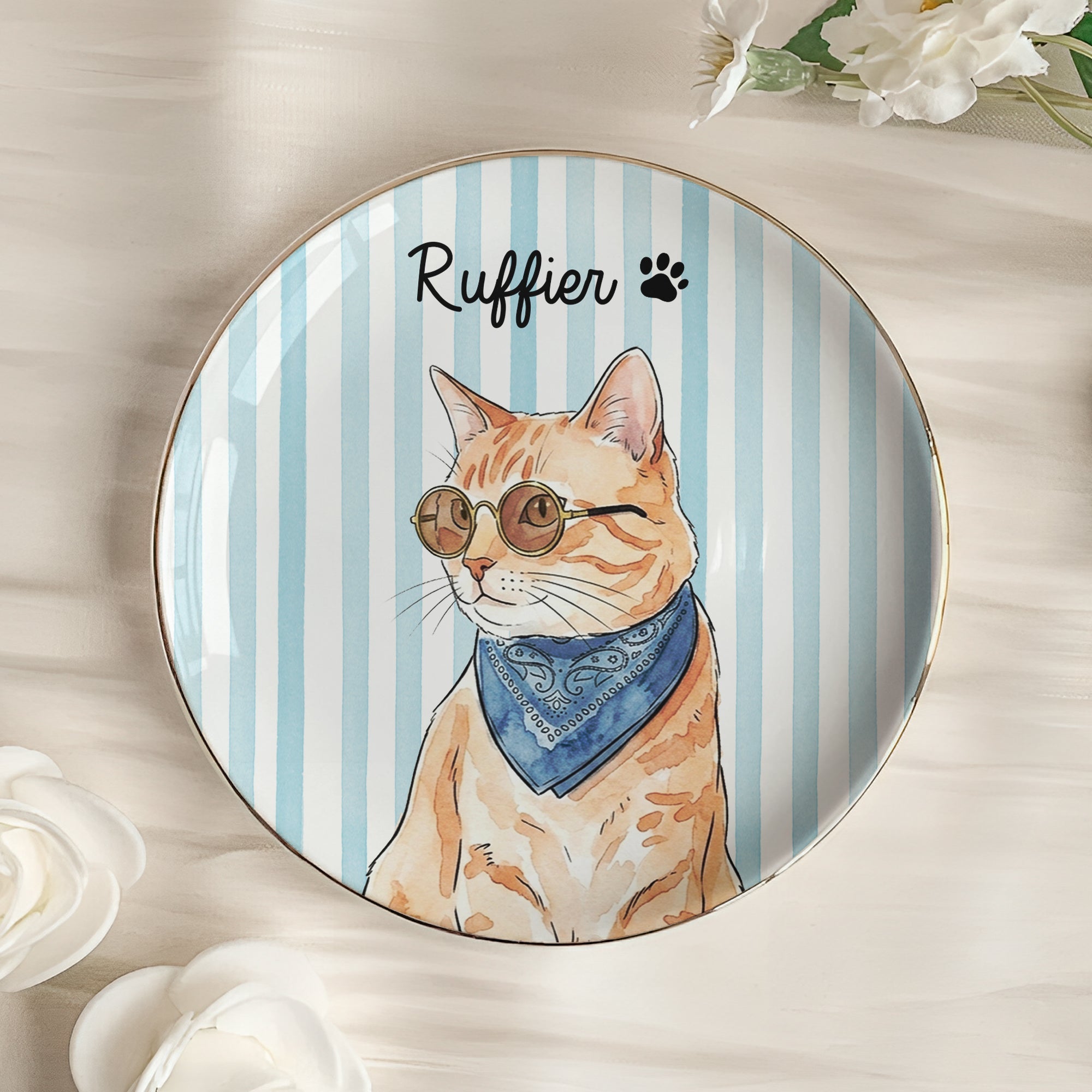Custom Striped Pet Ring Dish Watercolor Art - Personalized Jewelry Dish