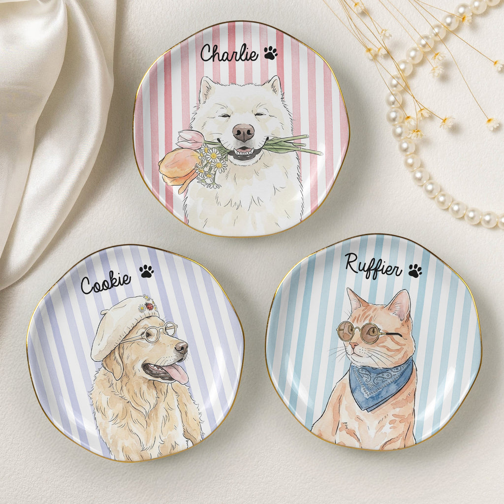 Custom Striped Pet Ring Dish Watercolor Art - Personalized Jewelry Dish