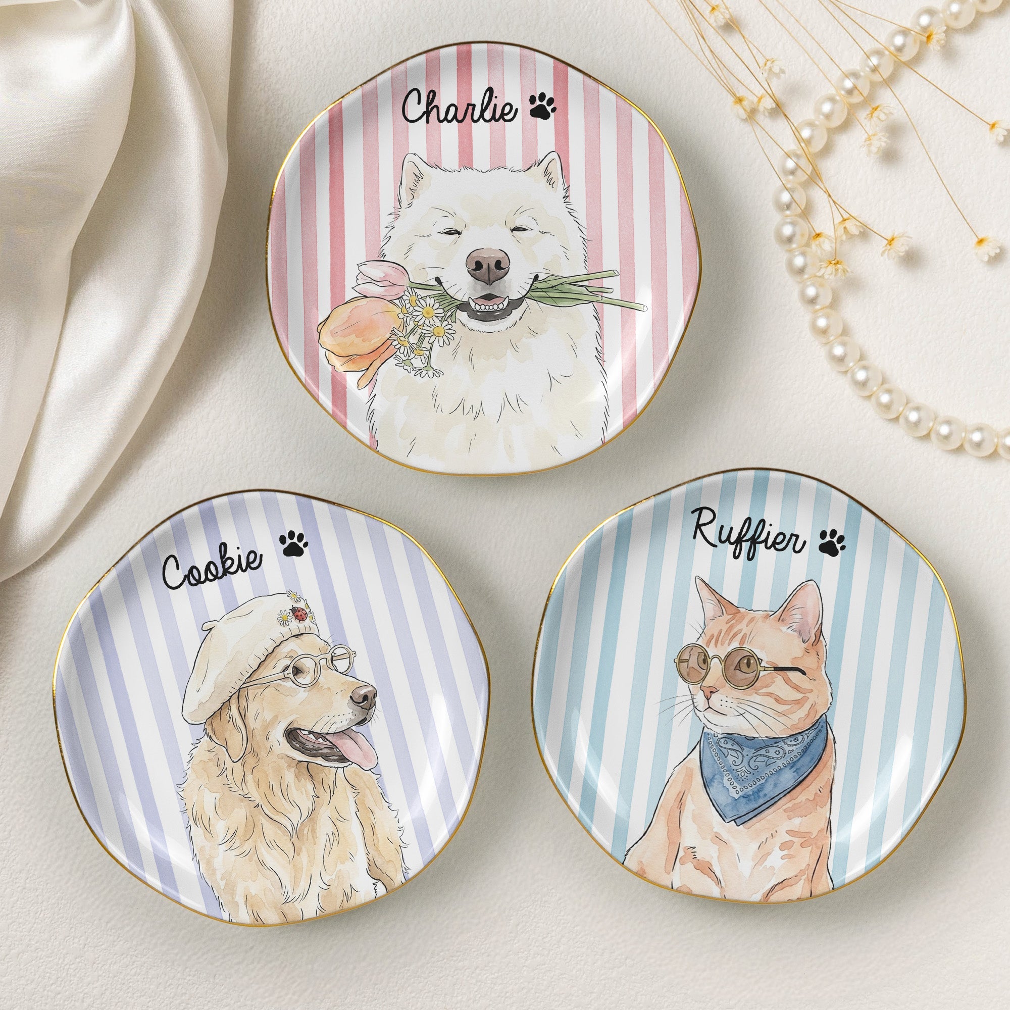 Custom Striped Pet Ring Dish Watercolor Art - Personalized Jewelry Dish