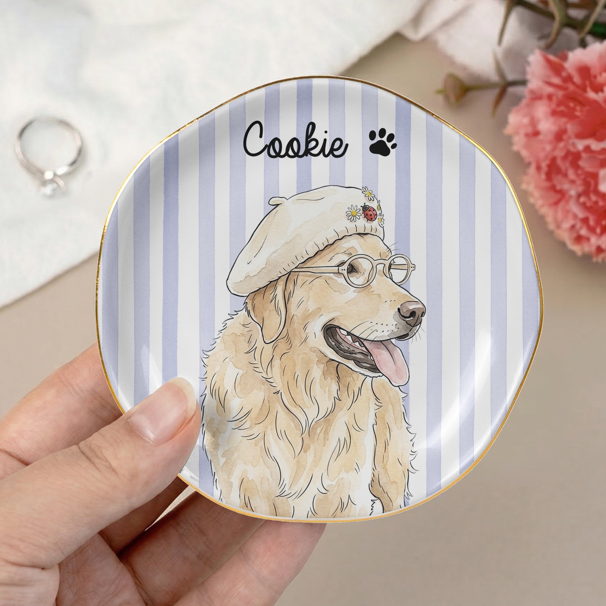 Custom Striped Pet Ring Dish Watercolor Art - Personalized Jewelry Dish