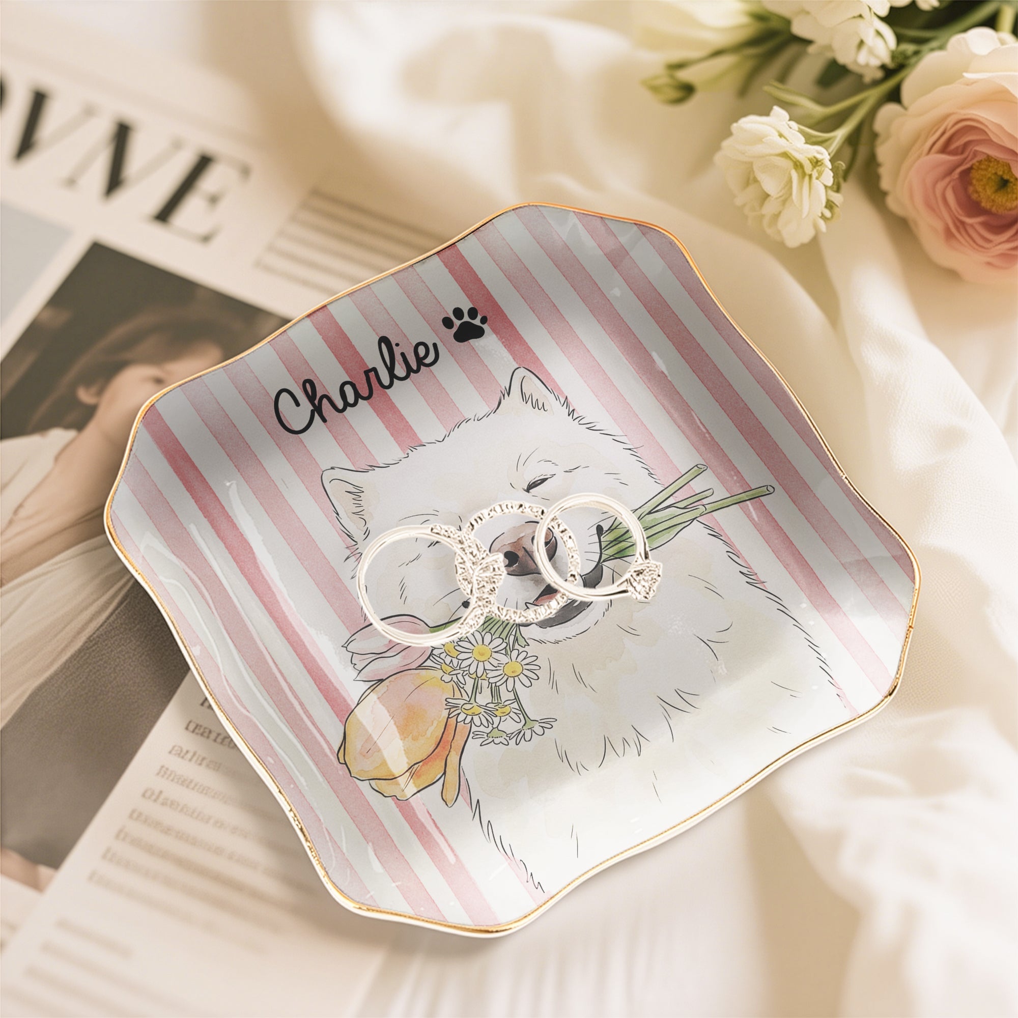 Custom Striped Pet Ring Dish Watercolor Art - Personalized Jewelry Dish
