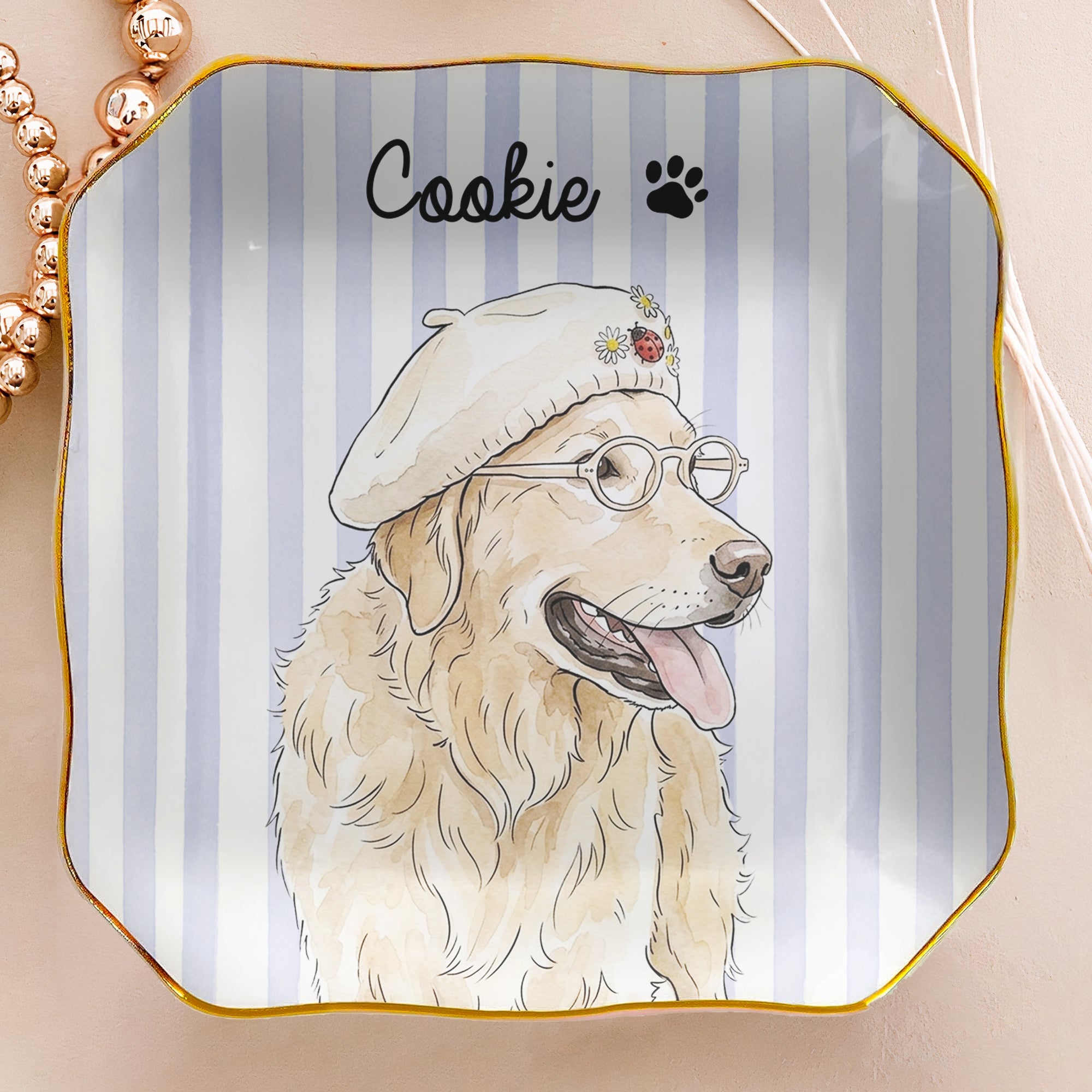Custom Striped Pet Ring Dish Watercolor Art - Personalized Jewelry Dish