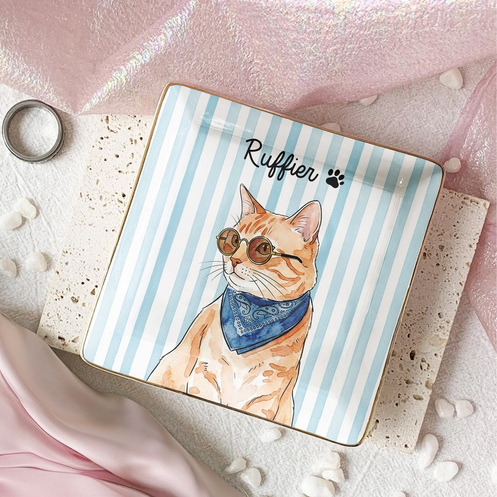 Custom Striped Pet Ring Dish Watercolor Art - Personalized Jewelry Dish