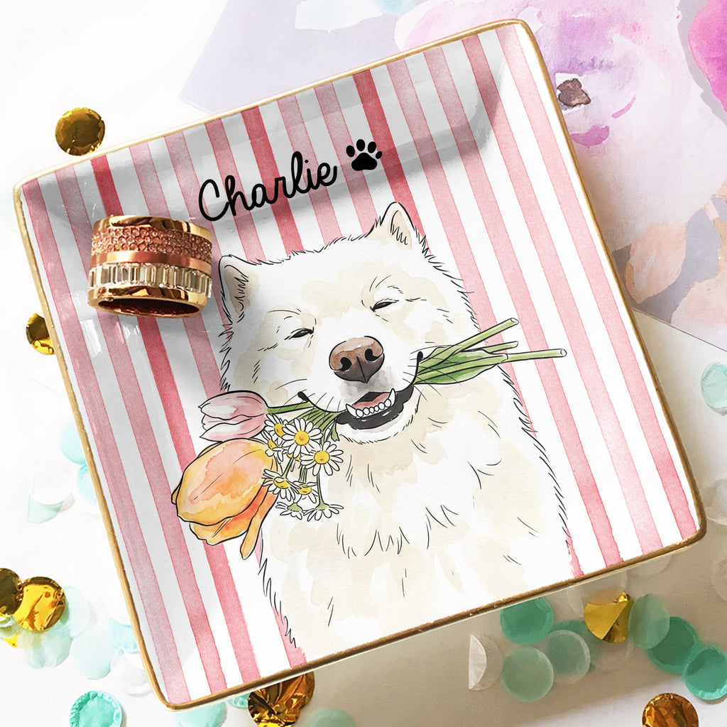 Custom Striped Pet Ring Dish Watercolor Art - Personalized Jewelry Dish
