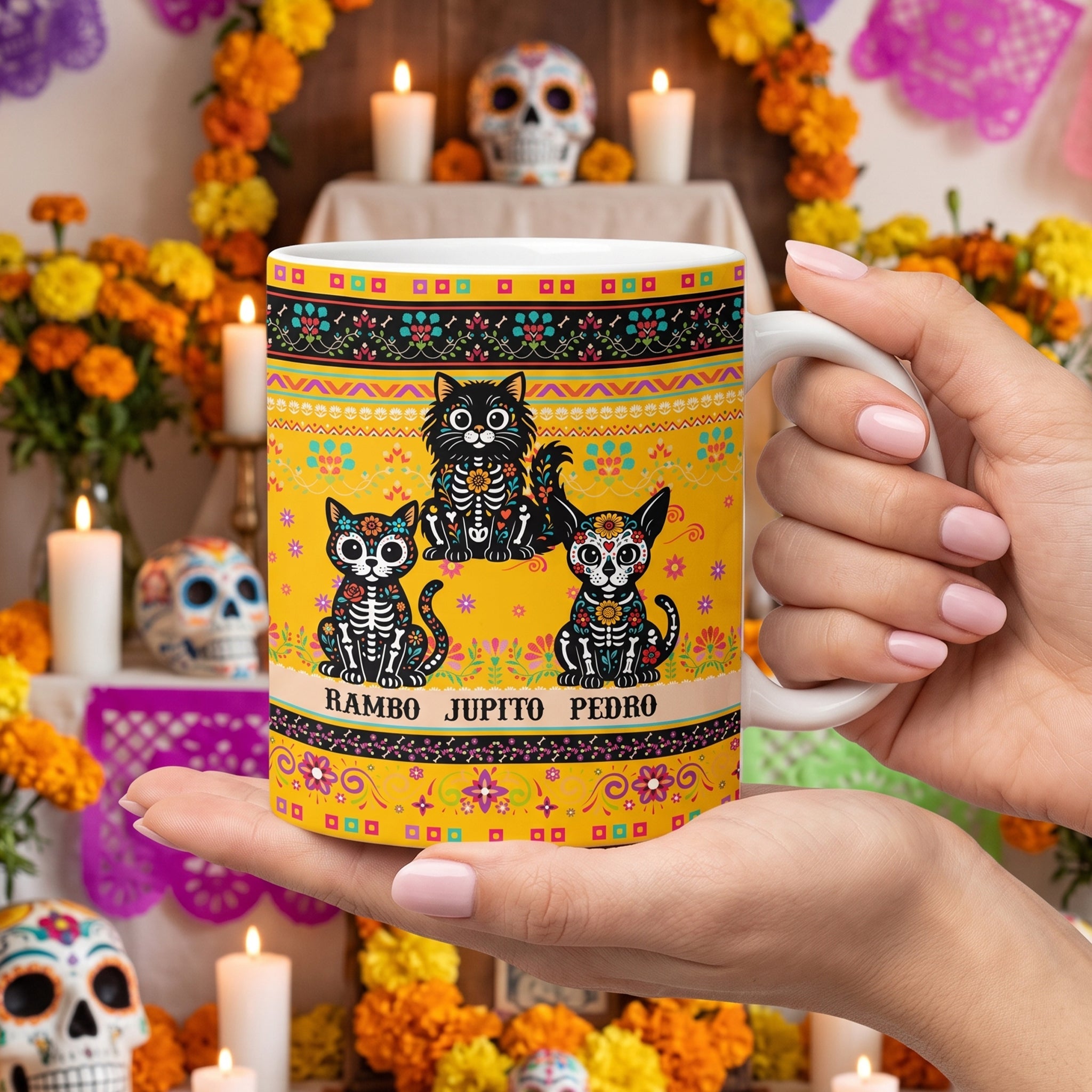 Day Of The Dead Dog Cat Pet Hispanic Mexican Flowers - Personalized Mug