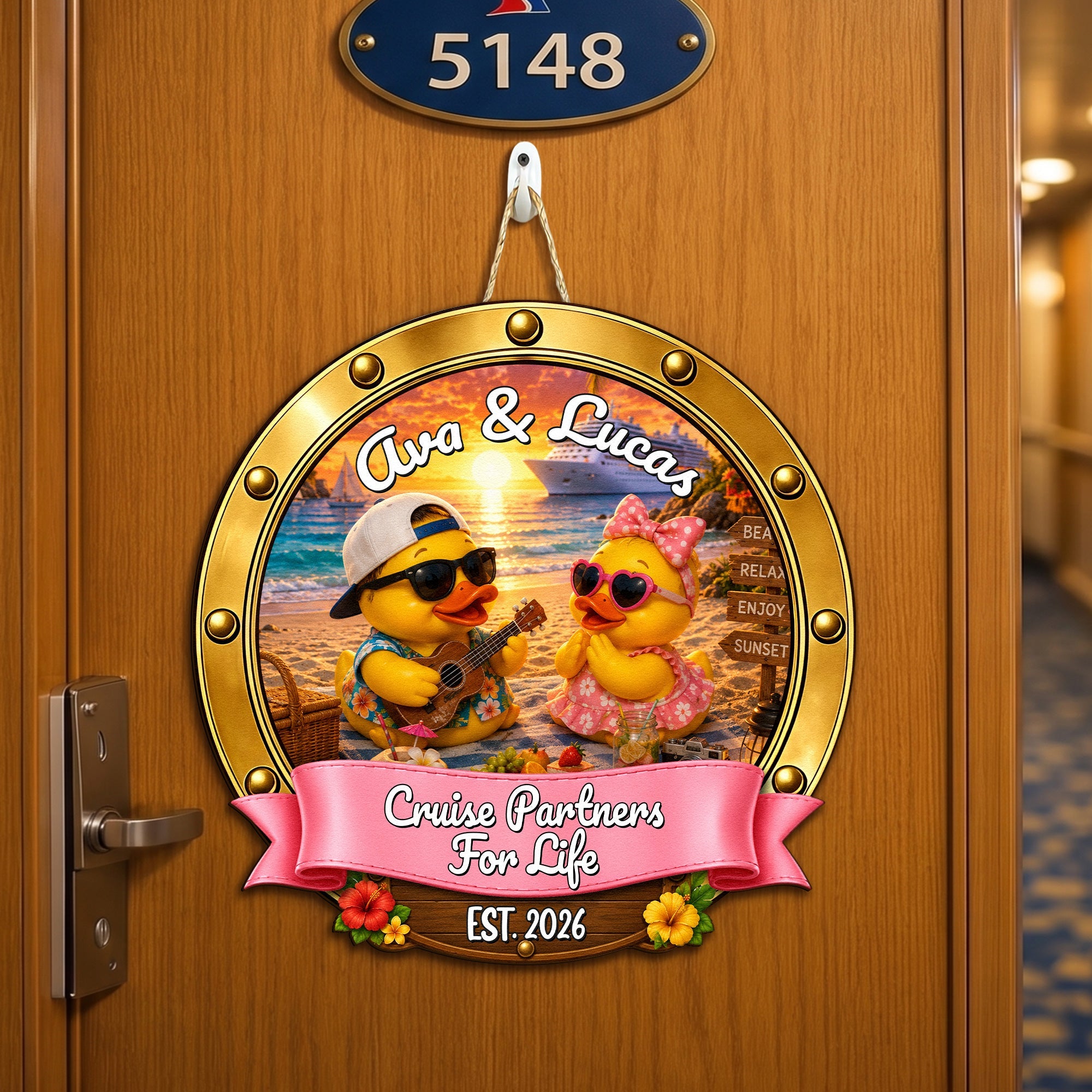 Duck Couples Cruise Door Signs Stateroom Decor Cruising Couple Vacation, Honey Moon - Personalized Wood Sign