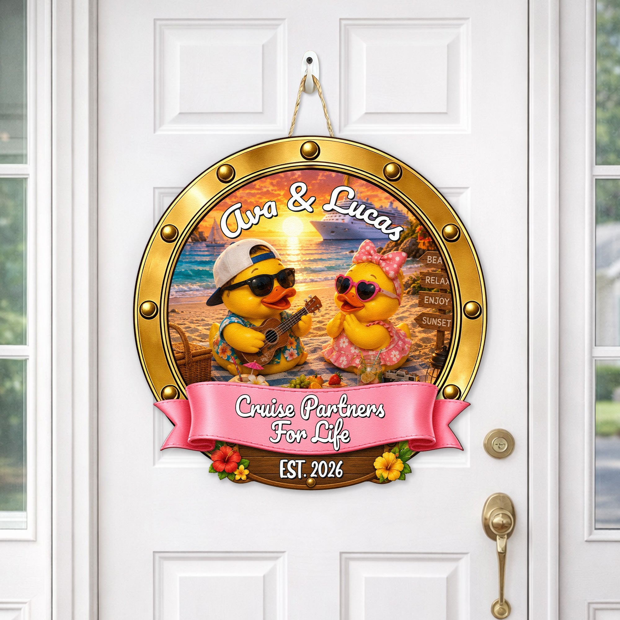 Duck Couples Cruise Door Signs Stateroom Decor Cruising Couple Vacation, Honey Moon - Personalized Wood Sign