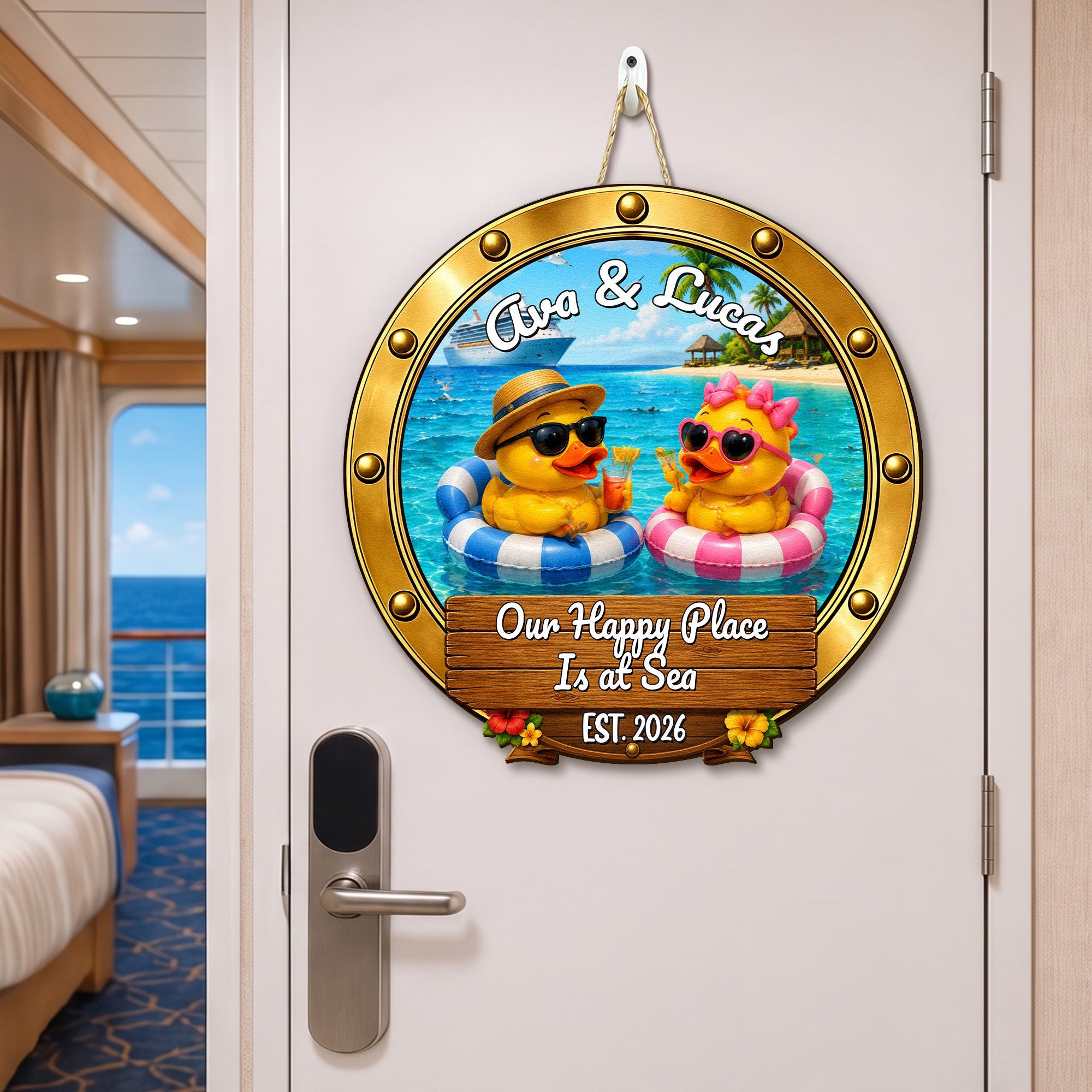 Duck Couples Cruise Door Signs Stateroom Decor Cruising Couple Vacation, Honey Moon - Personalized Wood Sign