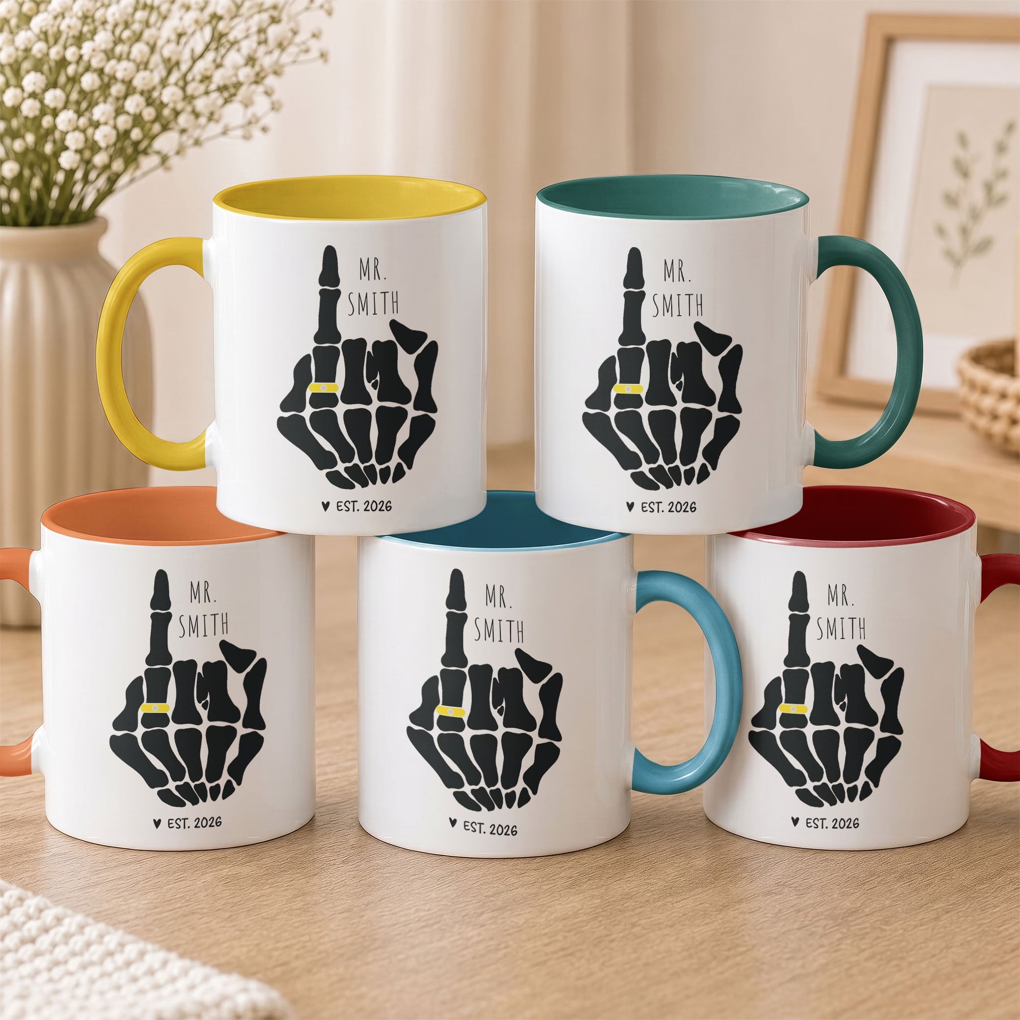 Funny Mr And Mrs Mug Skeleton Hand Wedding Engagement Gift - Personalized Mug