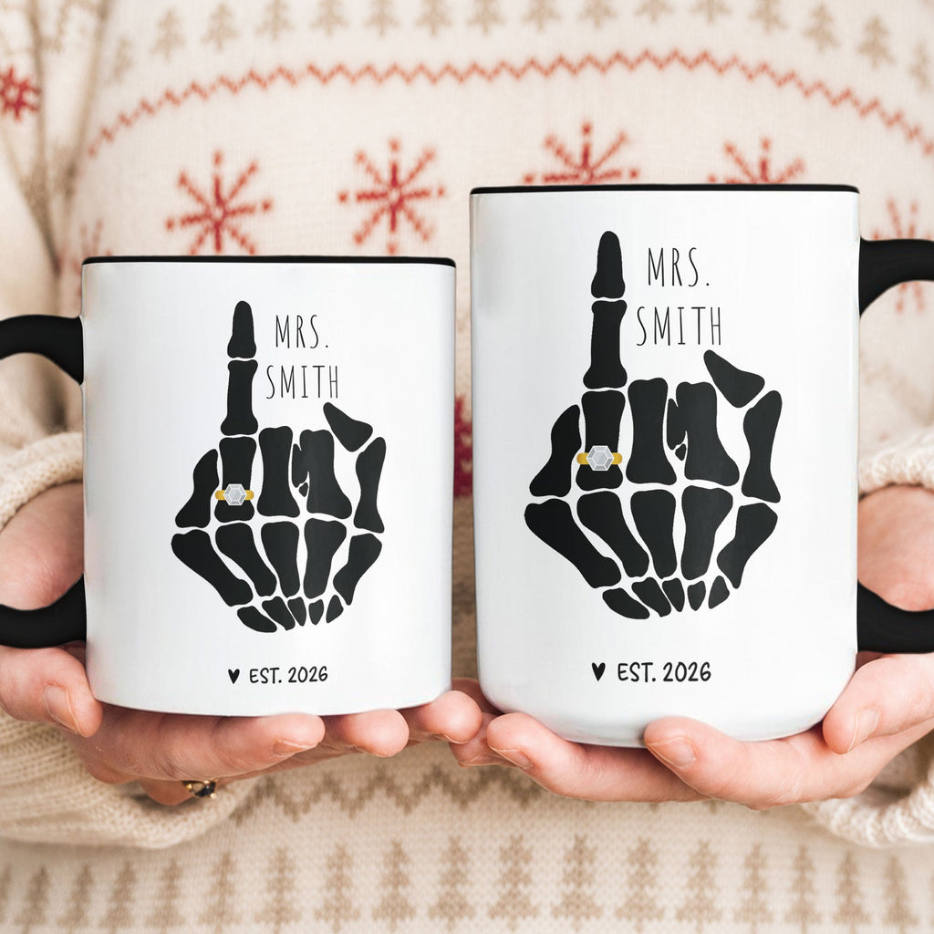 Funny Mr And Mrs Mug Skeleton Hand Wedding Engagement Gift - Personalized Mug