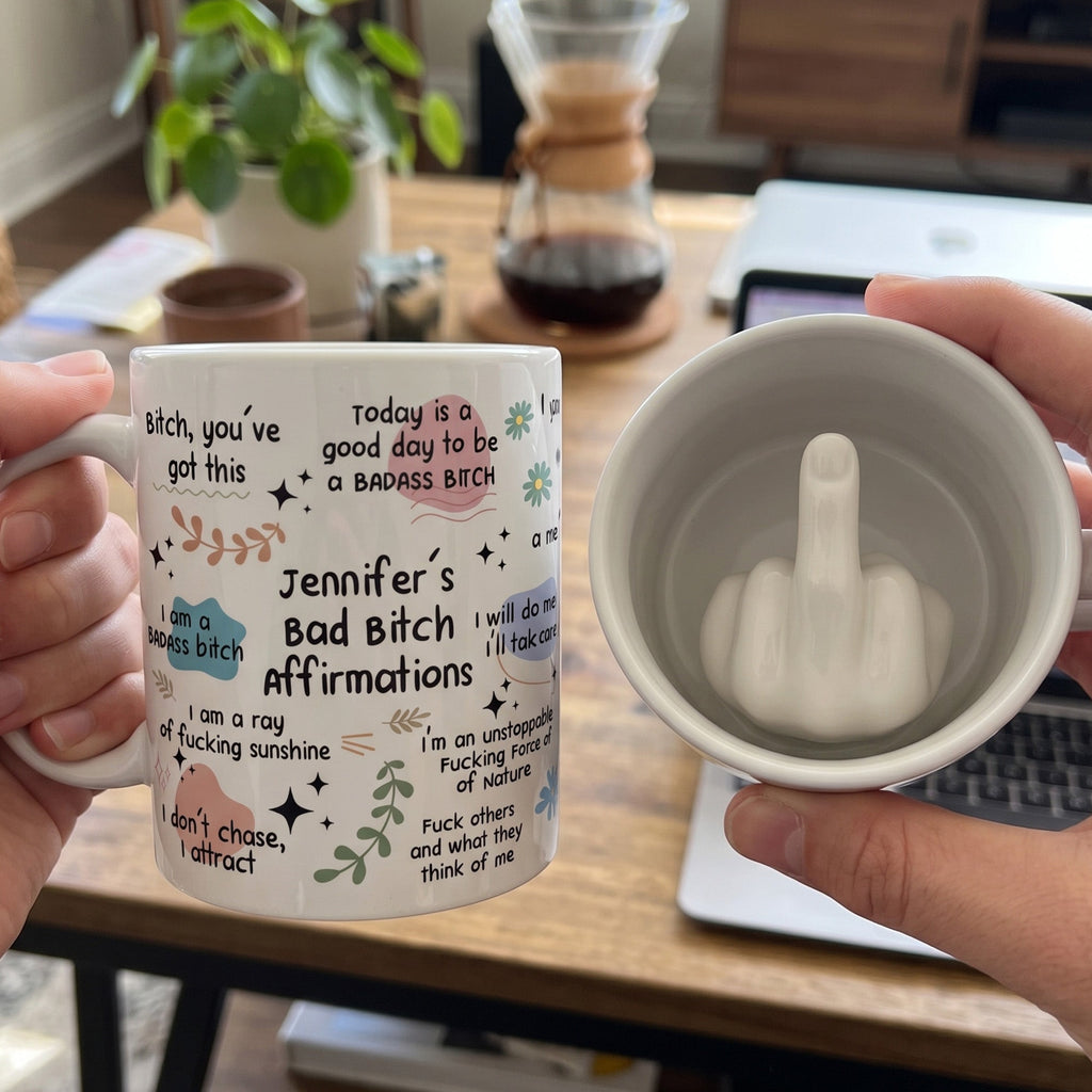 Funny Mug - Bad B*Tch Affirmations - For Coworkers, Friends, Self Gift - 3D Middle Finger - Personalized Mug
