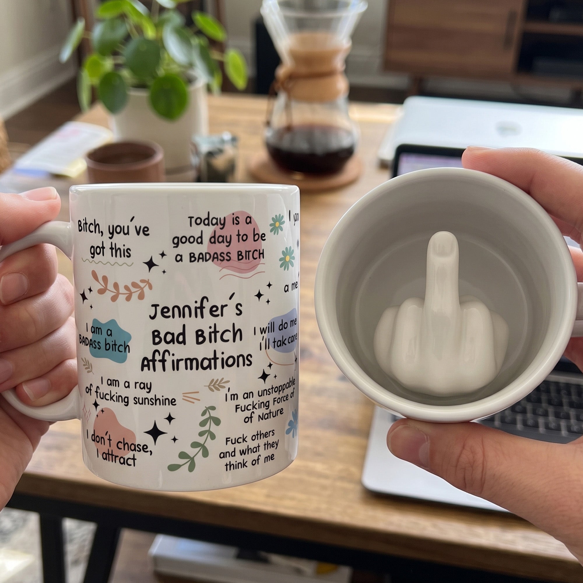 Funny Mug - Bad B*Tch Affirmations - For Coworkers, Friends, Self Gift - 3D Middle Finger - Personalized Mug