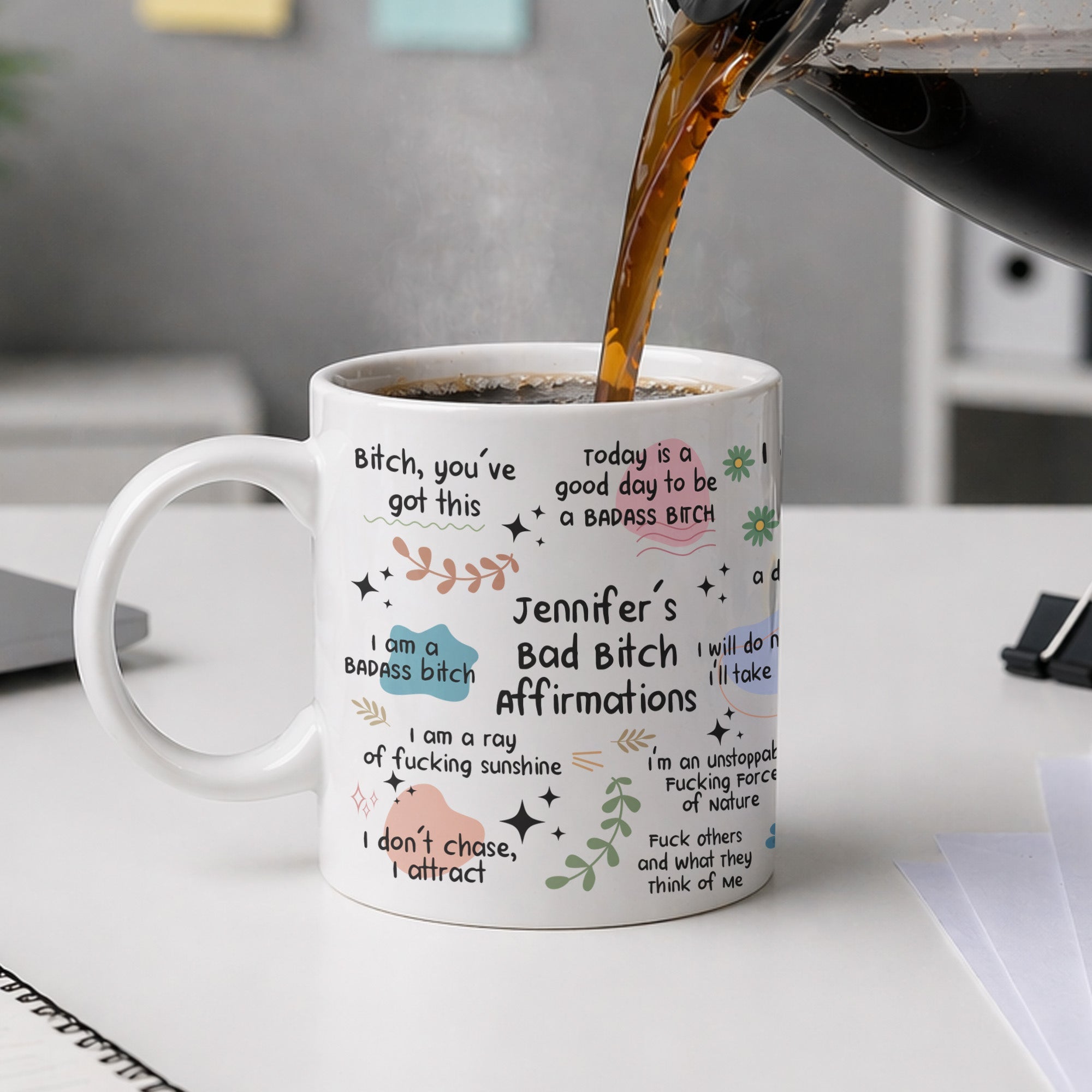 Funny Mug - Bad B*Tch Affirmations - For Coworkers, Friends, Self Gift - 3D Middle Finger - Personalized Mug