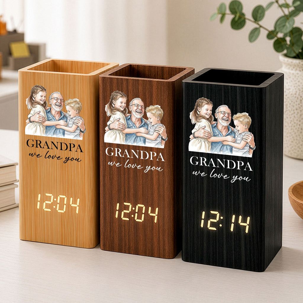 Grandpa We Love You Watercolor - Personalized Pen Holder With Clock