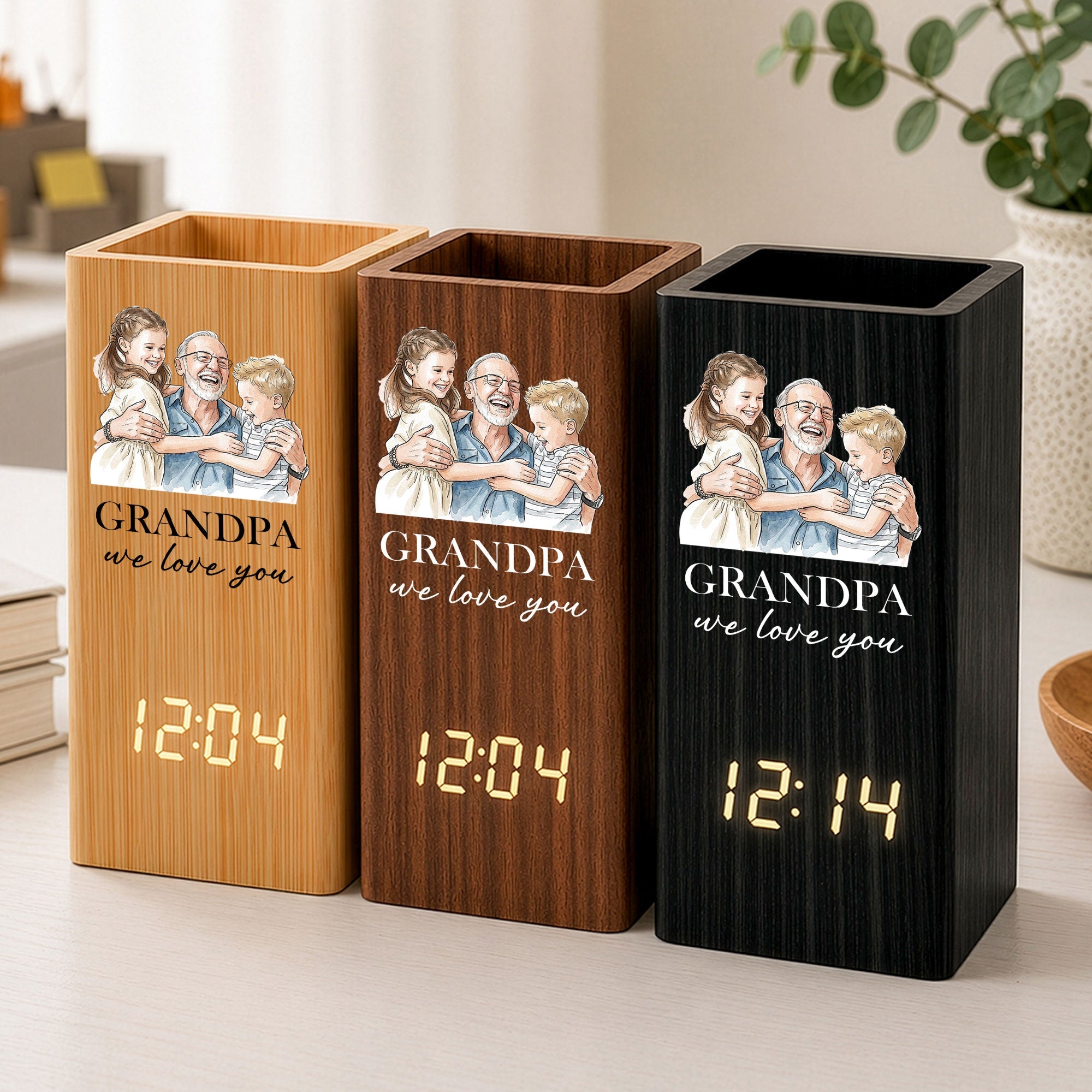 Grandpa We Love You Watercolor - Personalized Pen Holder With Clock