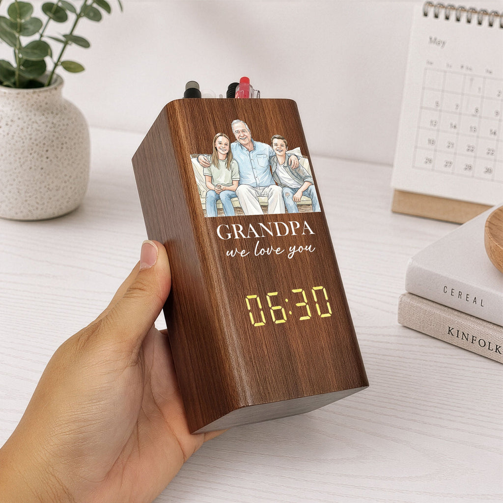 Grandpa We Love You Watercolor - Personalized Pen Holder With Clock