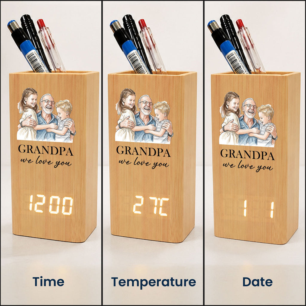 Grandpa We Love You Watercolor - Personalized Pen Holder With Clock