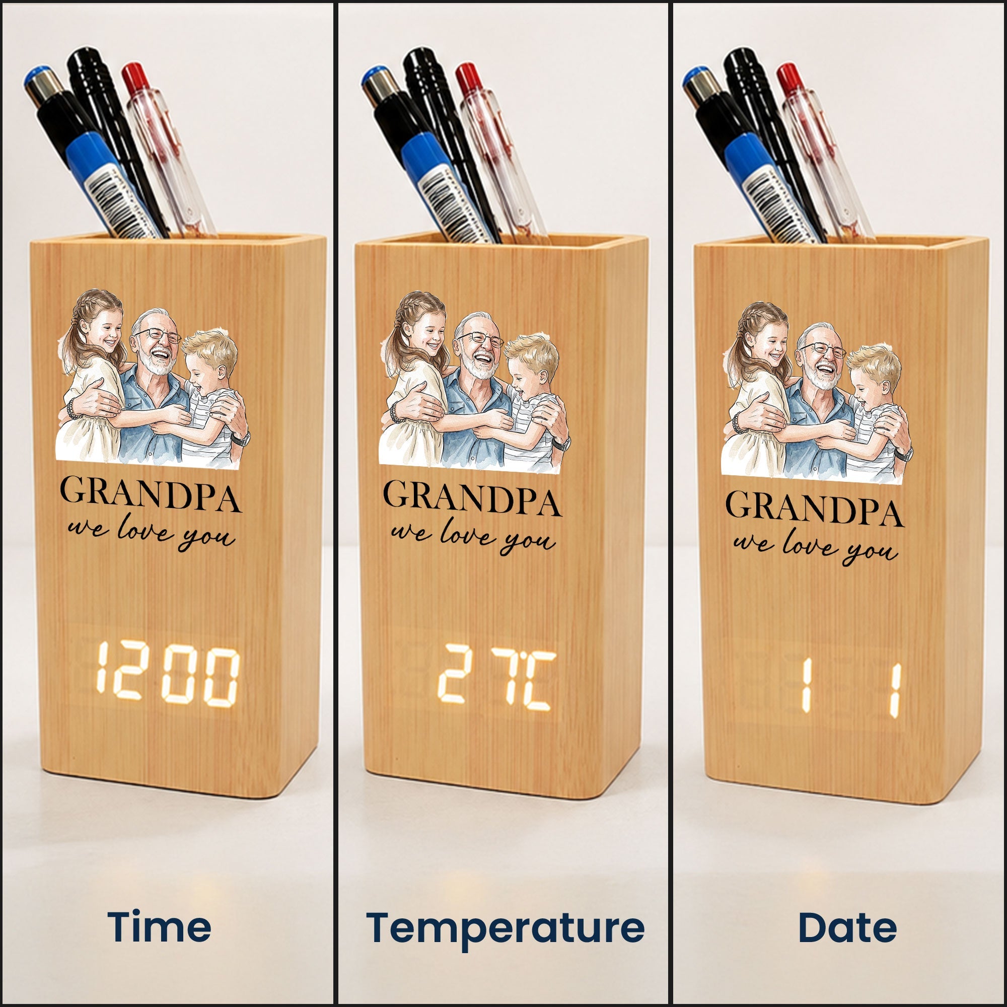 Grandpa We Love You Watercolor - Personalized Pen Holder With Clock