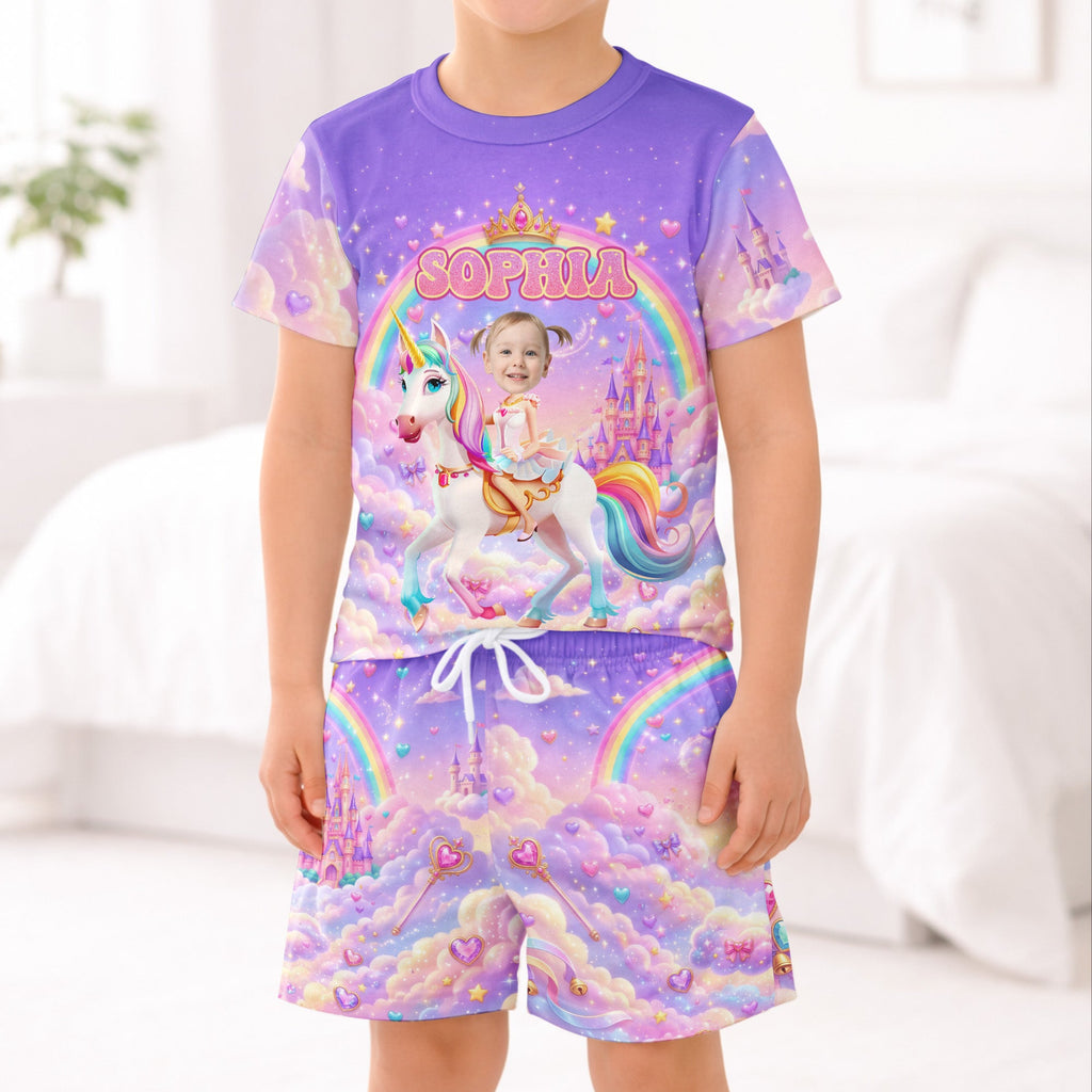 Kid Princess Riding Unicorn Custom Photo - Personalized Kids Clothing Set