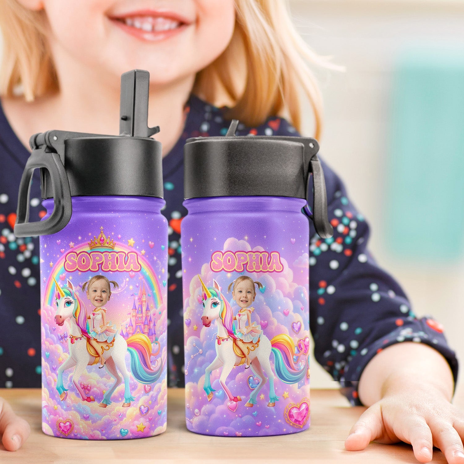 Kid Princess Riding Unicorn Custom Photo - Personalized Water Bottle