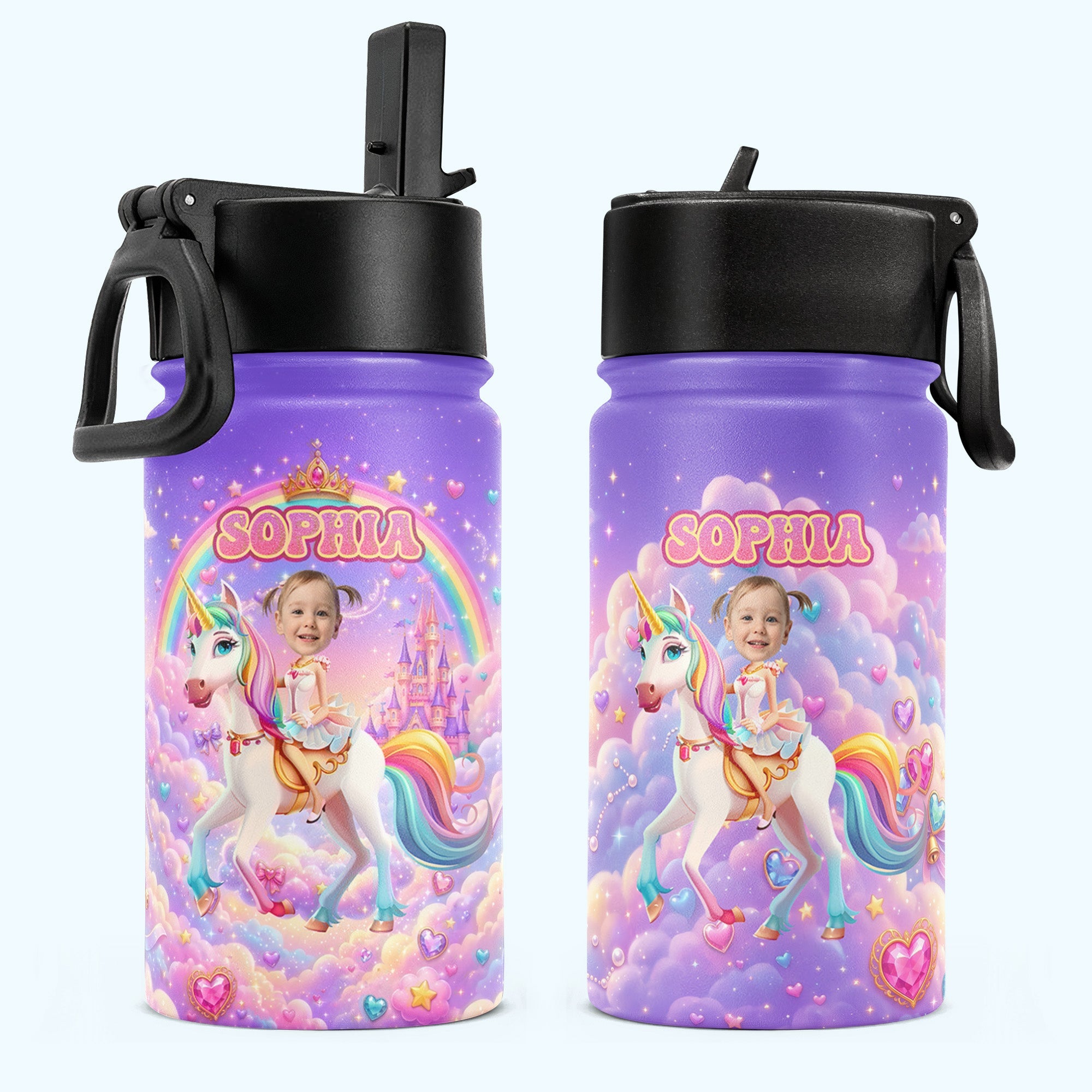 Kid Princess Riding Unicorn Custom Photo - Personalized Water Bottle