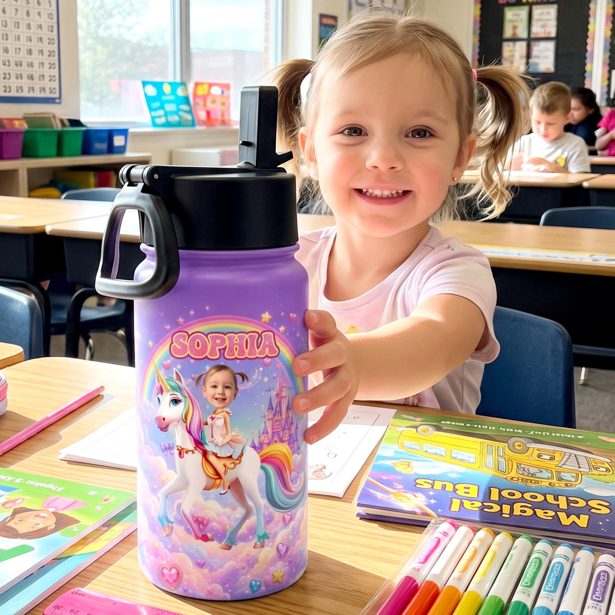 Kid Princess Riding Unicorn Custom Photo - Personalized Water Bottle