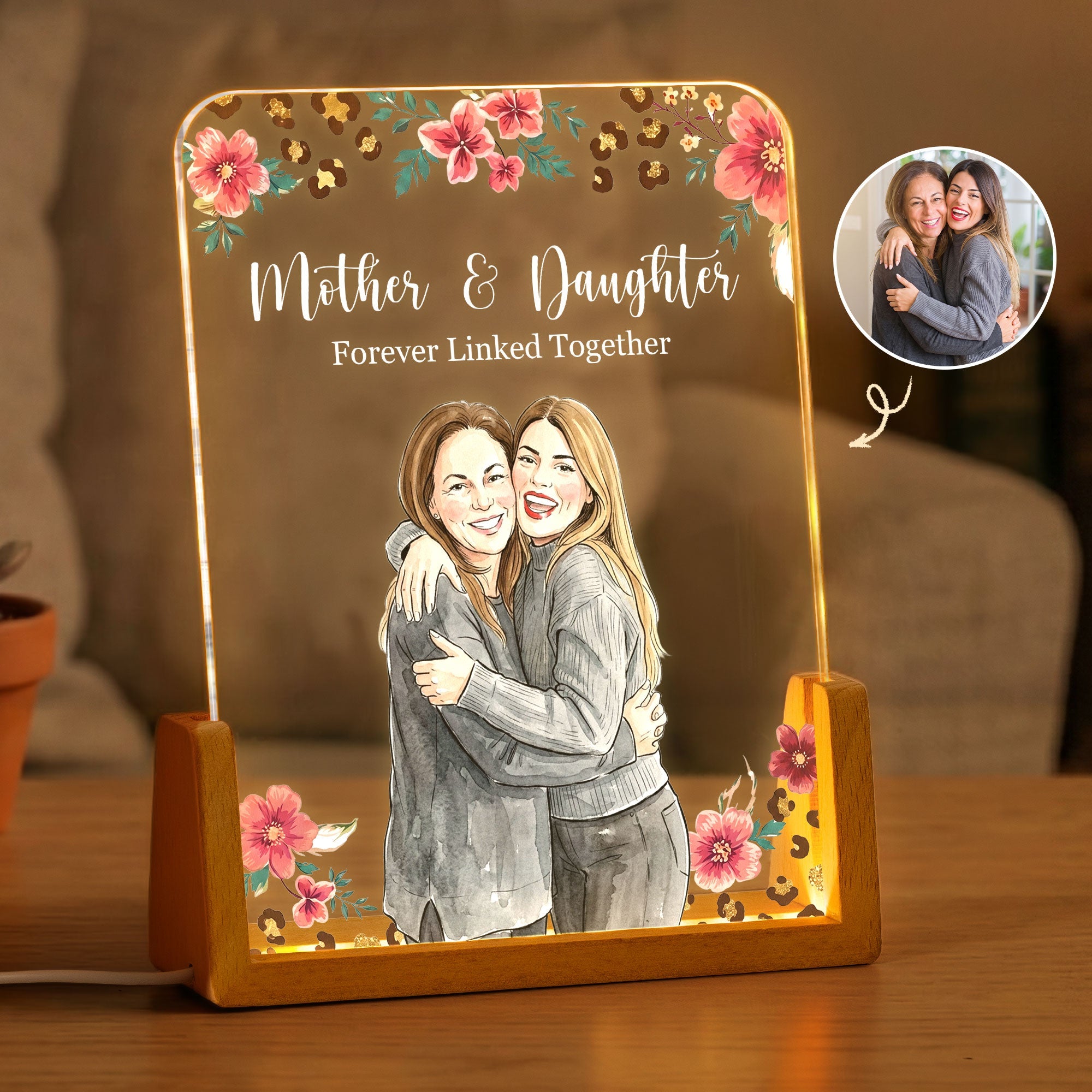 Mother & Daughter Forever Linked Together Custom Photo - Personalized Night Light