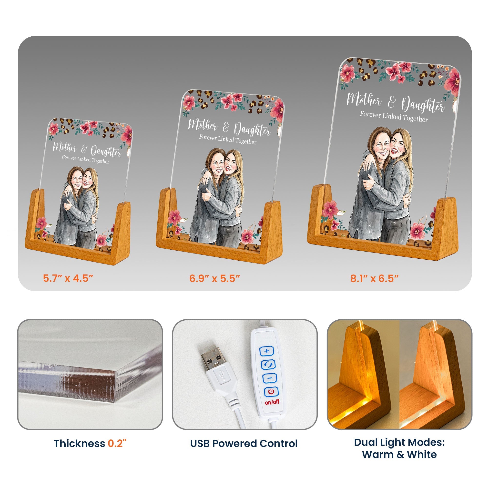 Mother & Daughter Forever Linked Together Custom Photo - Personalized Night Light