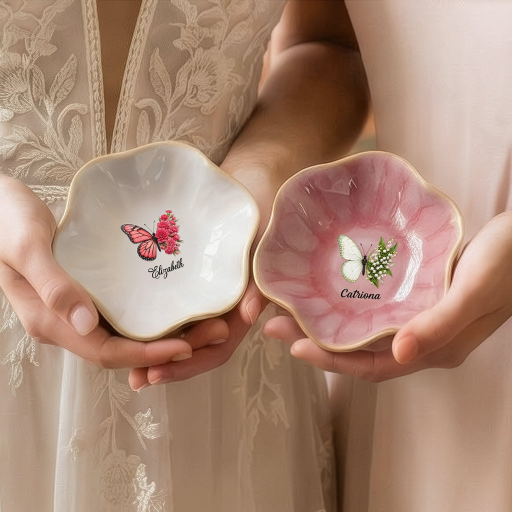 Name & Birth Flower Ring Dish Gifts For Her, Friends, Sisters - Personalized Jewelry Dish