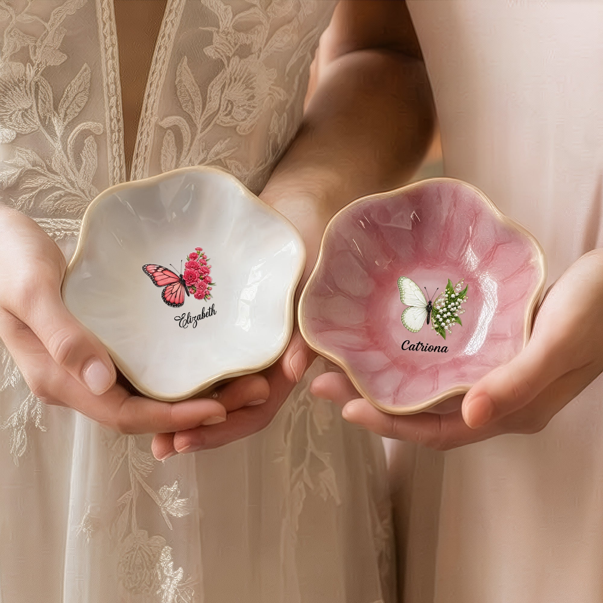 Name & Birth Flower Ring Dish Gifts For Her, Friends, Sisters - Personalized Jewelry Dish