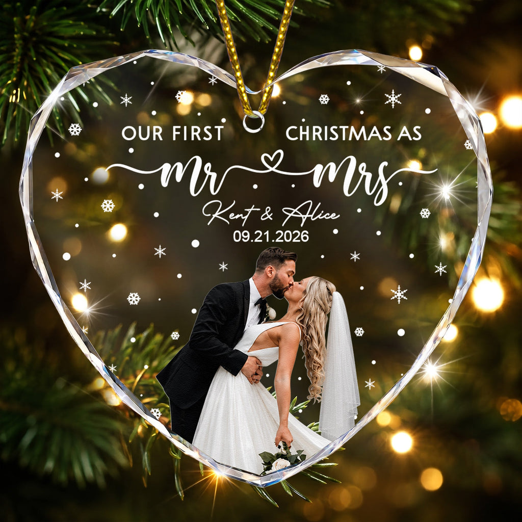 Our First Christmas As Mr & Mrs - Custom Newlywed Couple Photo - Heart Shaped - Personalized Ornament