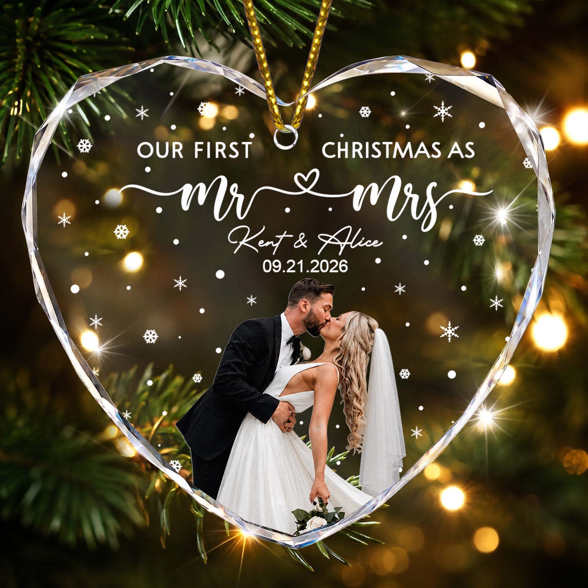 Our First Christmas As Mr & Mrs - Custom Newlywed Couple Photo - Heart Shaped - Personalized Ornament