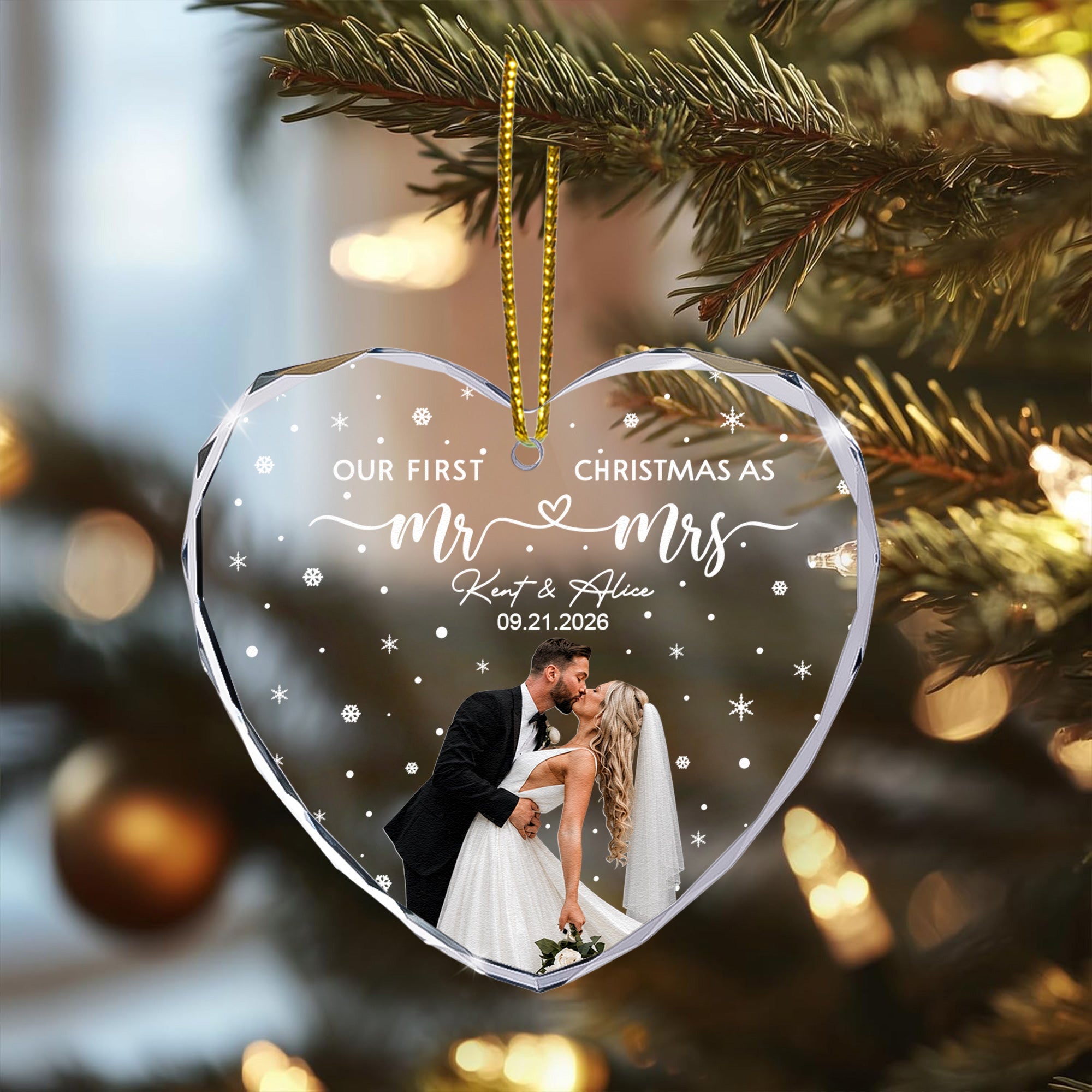 Our First Christmas As Mr & Mrs - Custom Newlywed Couple Photo - Heart Shaped - Personalized Ornament