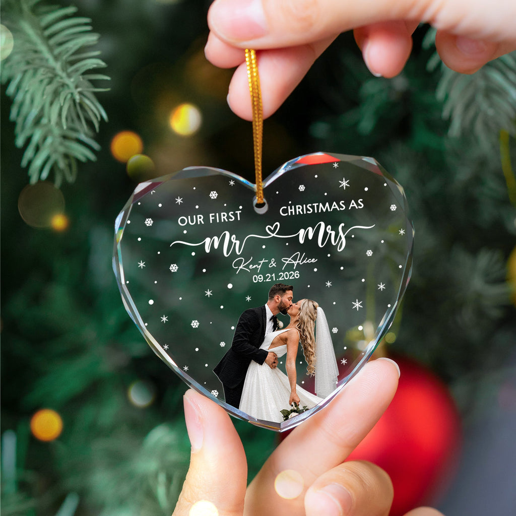 Our First Christmas As Mr & Mrs - Custom Newlywed Couple Photo - Heart Shaped - Personalized Ornament