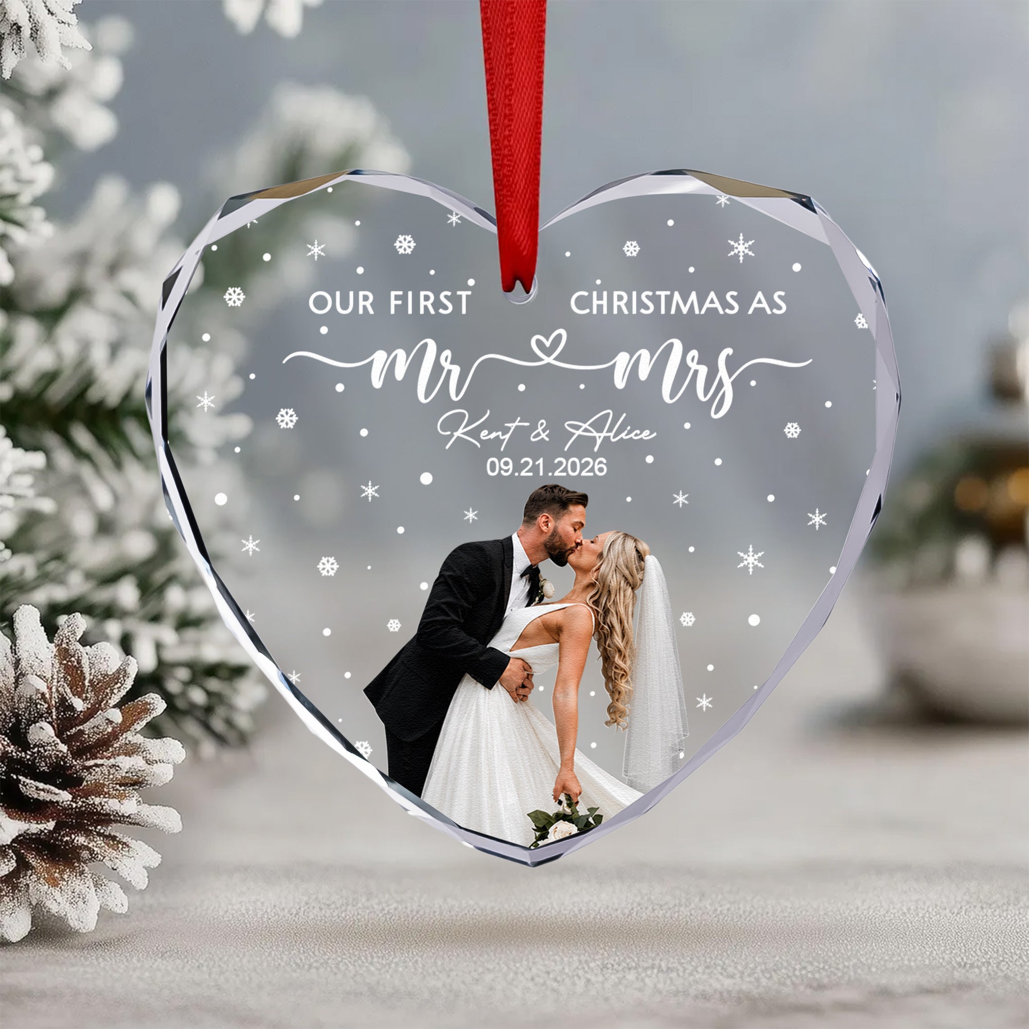 Our First Christmas As Mr & Mrs - Custom Newlywed Couple Photo - Heart Shaped - Personalized Ornament