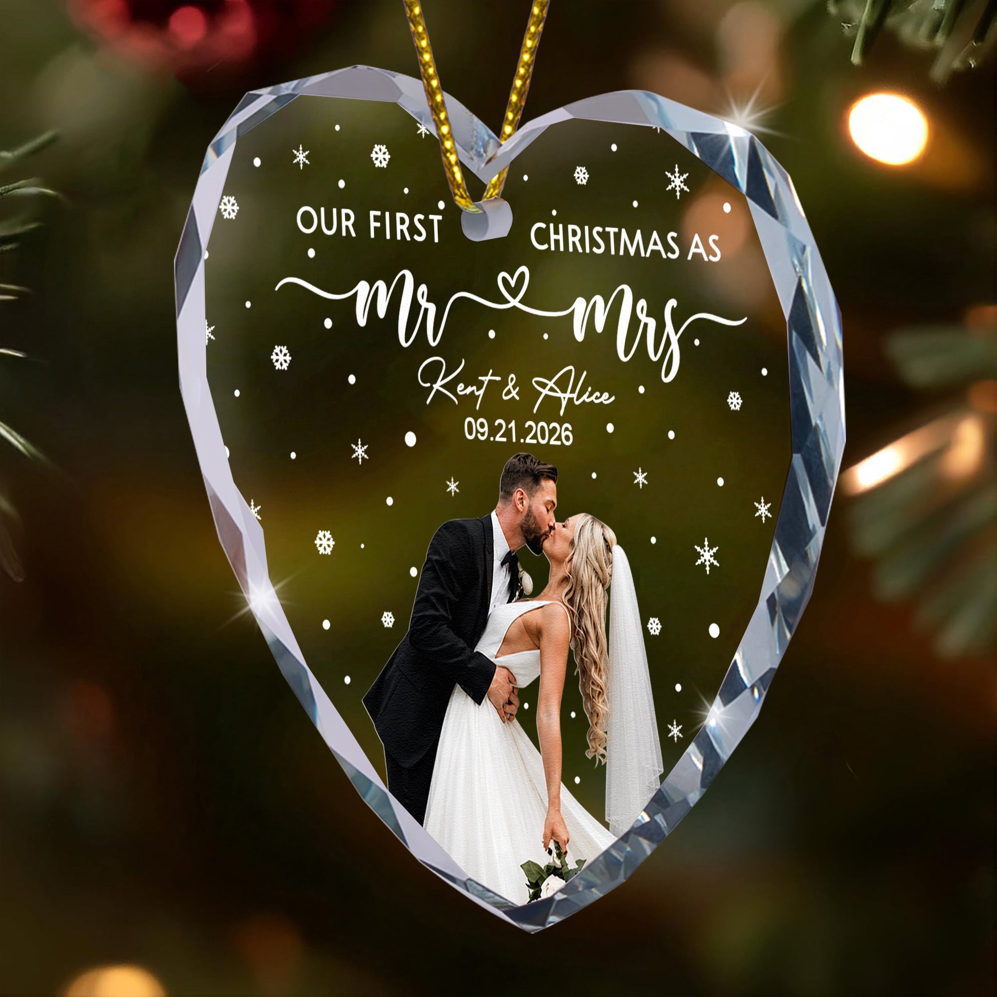 Our First Christmas As Mr & Mrs - Custom Newlywed Couple Photo - Heart Shaped - Personalized Ornament
