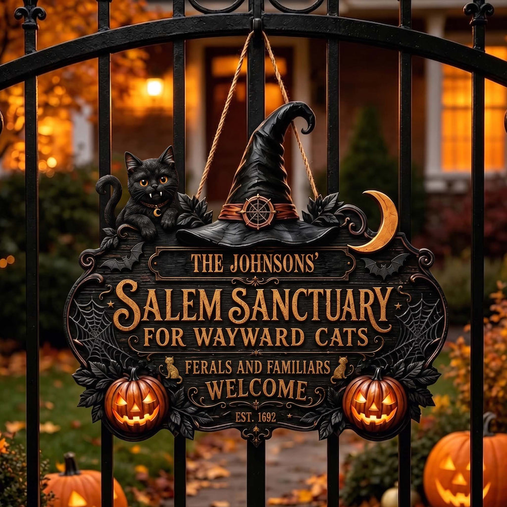 Salem Sanctuary For Wayward Cats Ferals And Familiars Welcome - Personalized Wood Sign