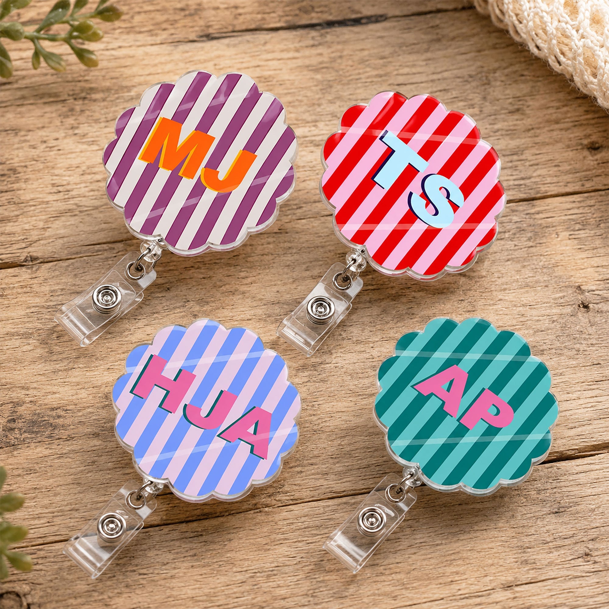Stripe Shadow Initials Gift For Teacher Nurse Coworker - Personalized Acrylic Badge Reel