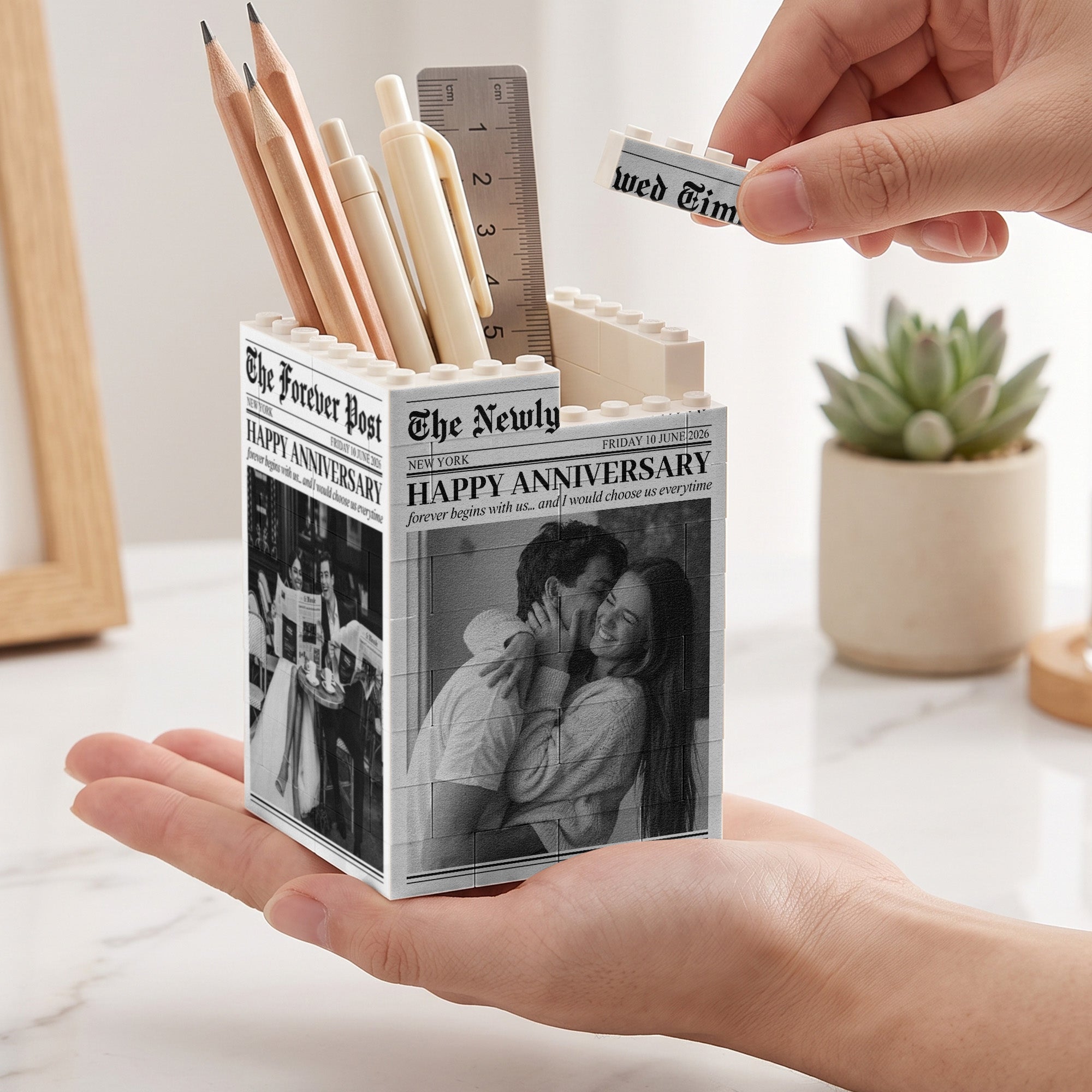 The Forever Post - Love Newspaper Custom Couples Photo, Special Date - Personalized Pen Holder