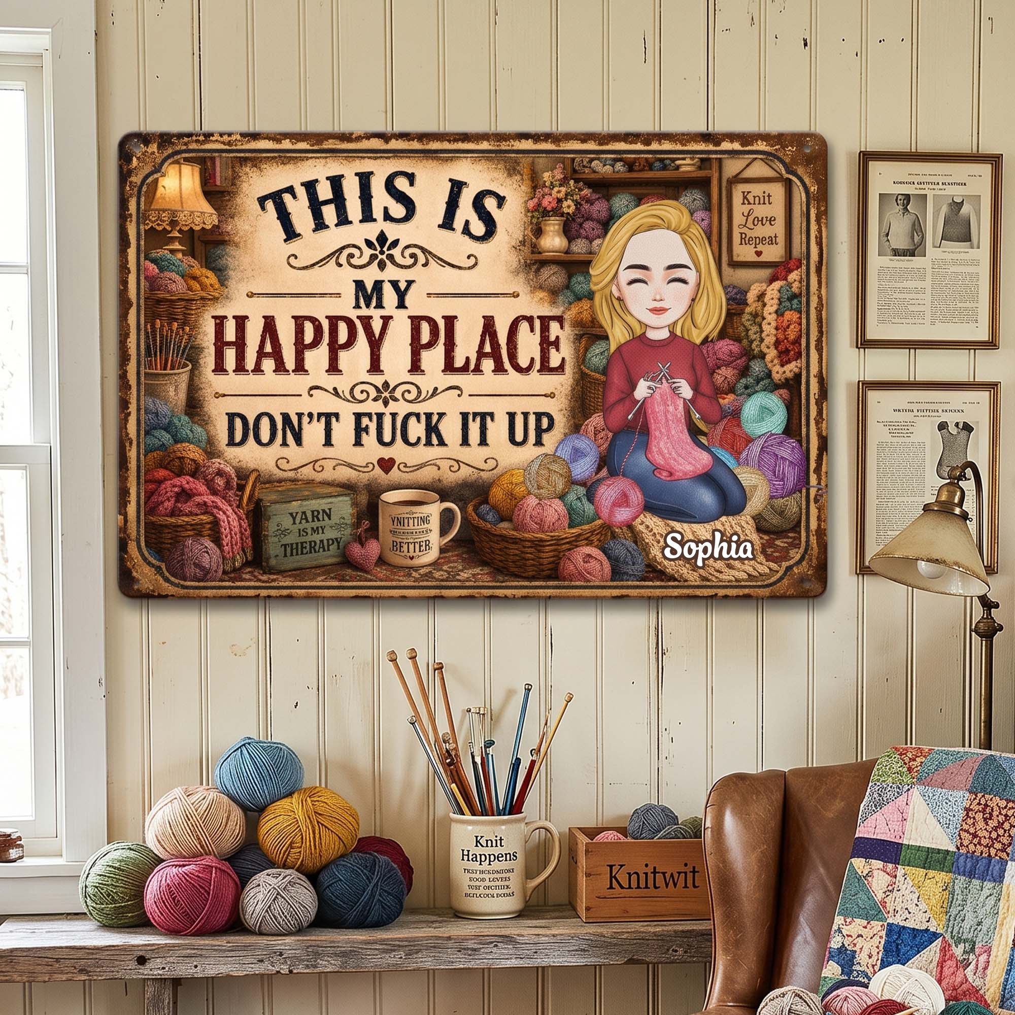 This Is My Happy Place - Funny Metal Sign For Crochet, Knitting Lovers - Personalized Metal Sign