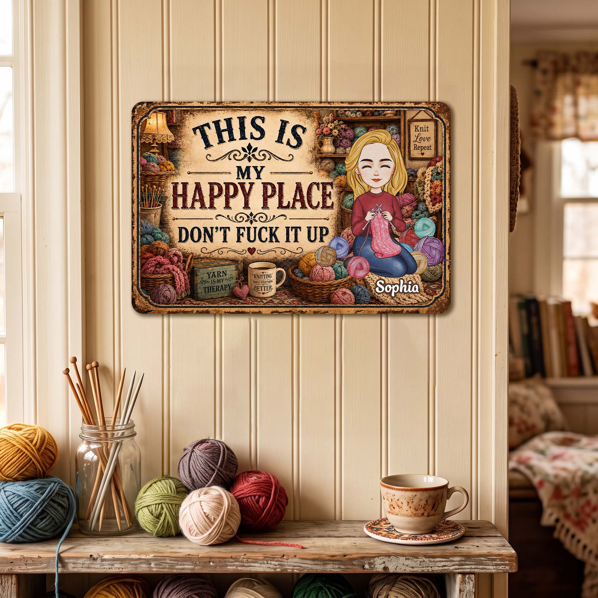 This Is My Happy Place - Funny Metal Sign For Crochet, Knitting Lovers - Personalized Metal Sign