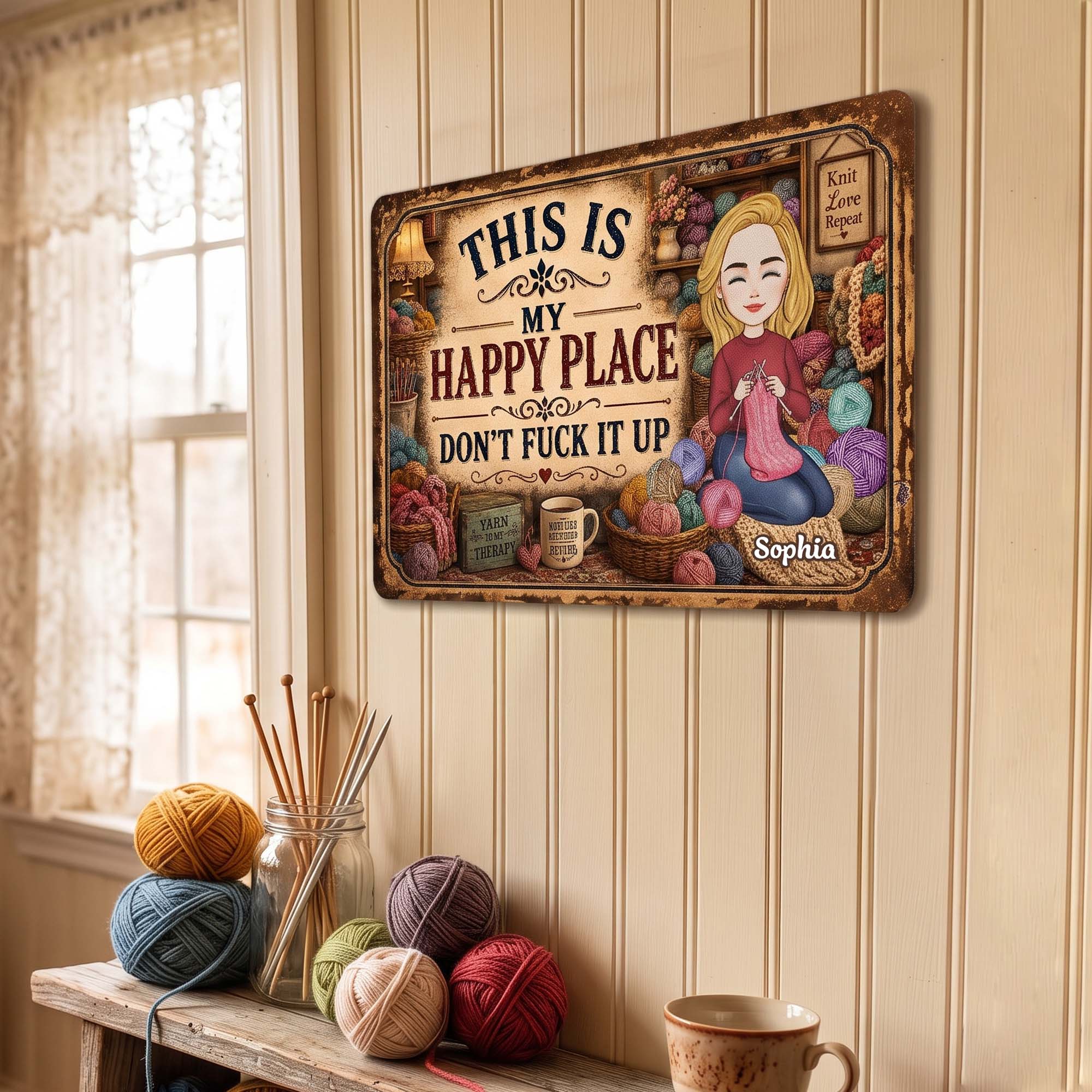 This Is My Happy Place - Funny Metal Sign For Crochet, Knitting Lovers - Personalized Metal Sign