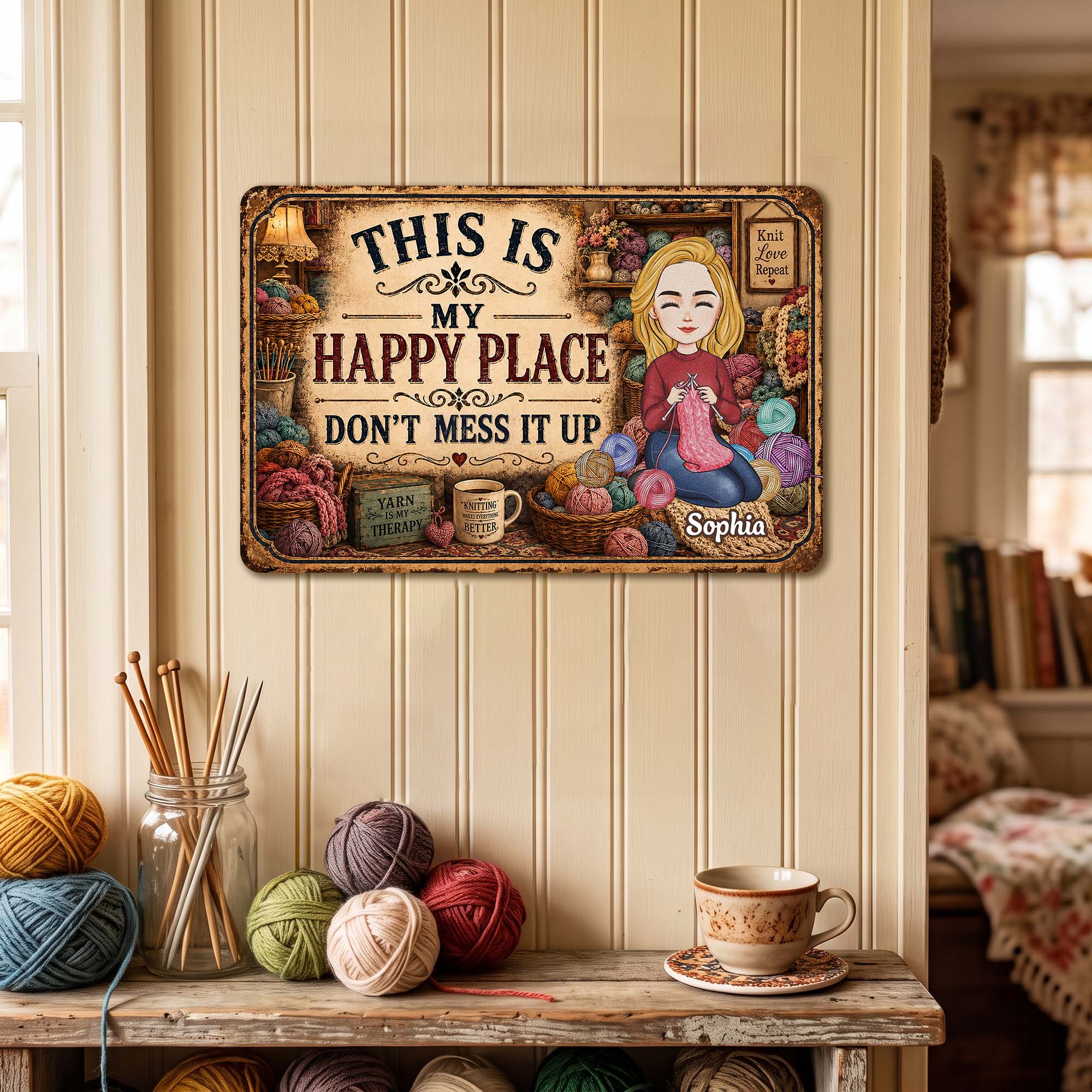 This Is My Happy Place - Funny Metal Sign For Crochet, Knitting Lovers - Personalized Metal Sign