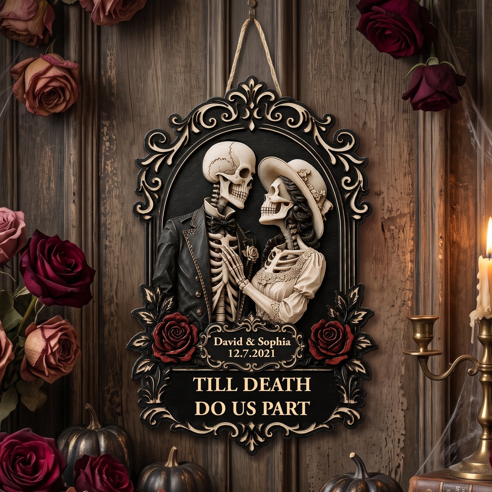 Till Death Do Us Part Skull Couple Anniversary Gift For Him, Her - Personalized Wood Sign