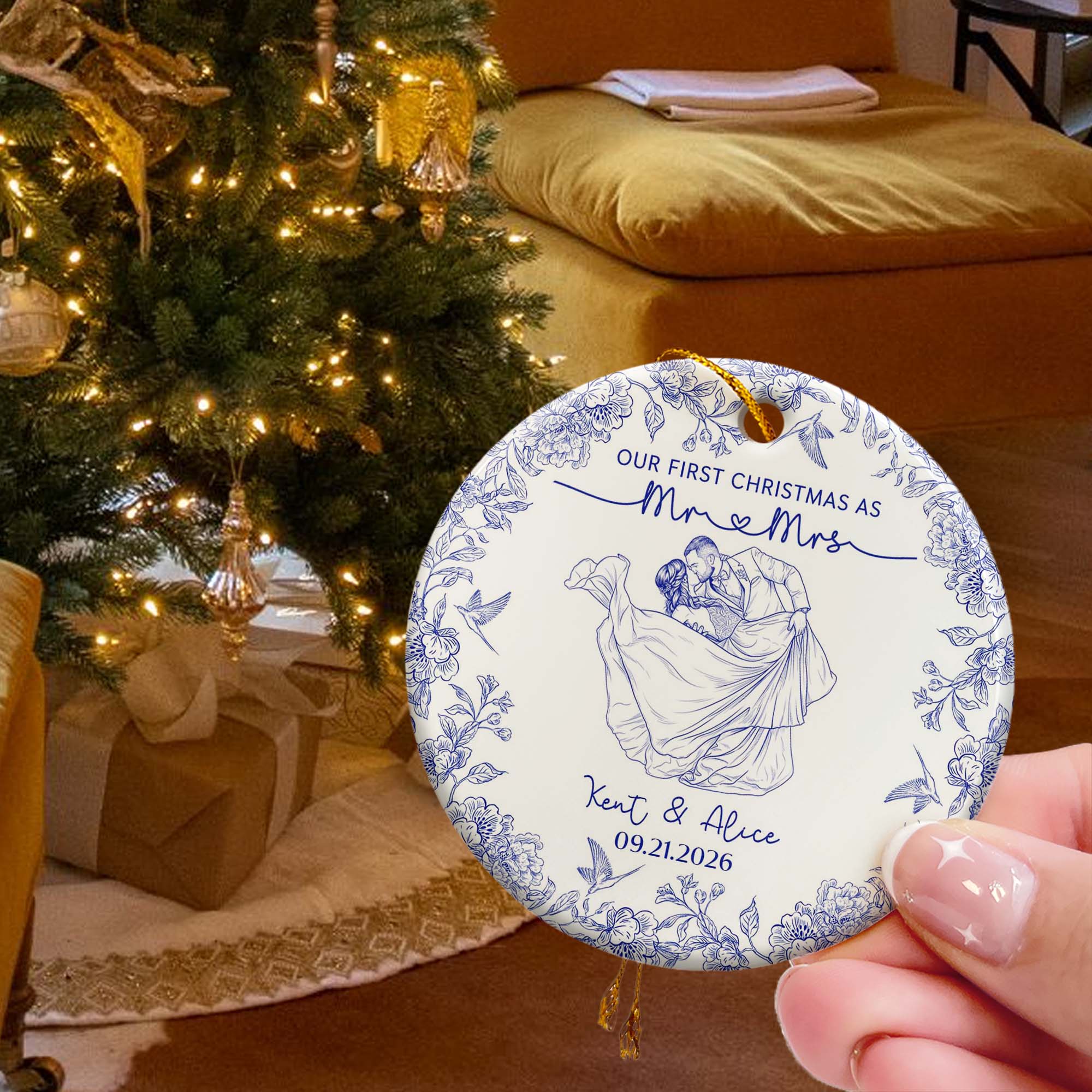 Toile De Jouy Your Photo - Our First Christmas As Mr. Mrs. - Personalized Ornament