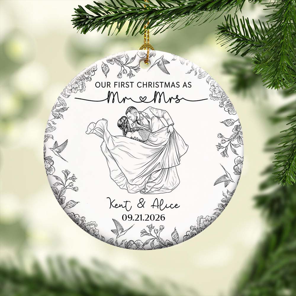 Toile De Jouy Your Photo - Our First Christmas As Mr. Mrs. - Personalized Ornament