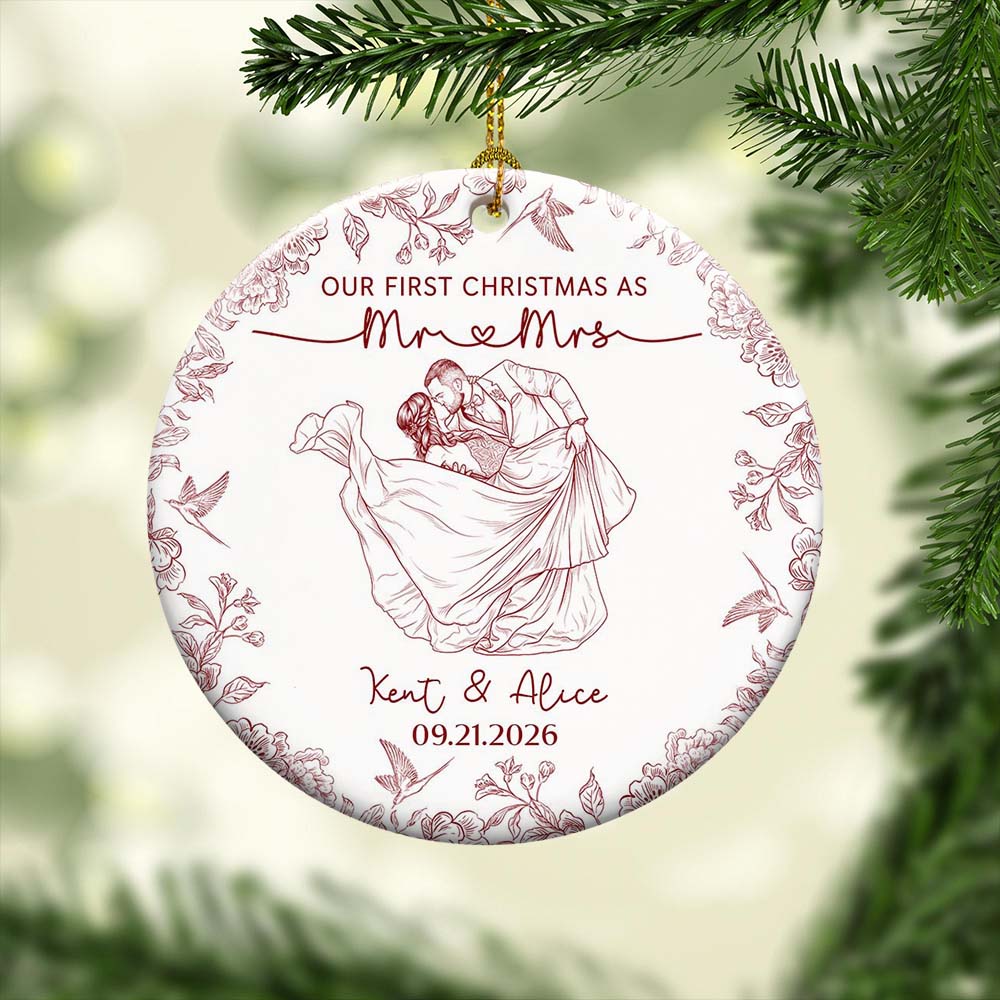 Toile De Jouy Your Photo - Our First Christmas As Mr. Mrs. - Personalized Ornament