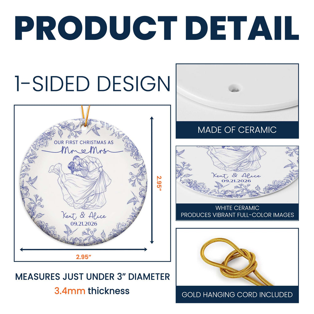 Toile De Jouy Your Photo - Our First Christmas As Mr. Mrs. - Personalized Ornament